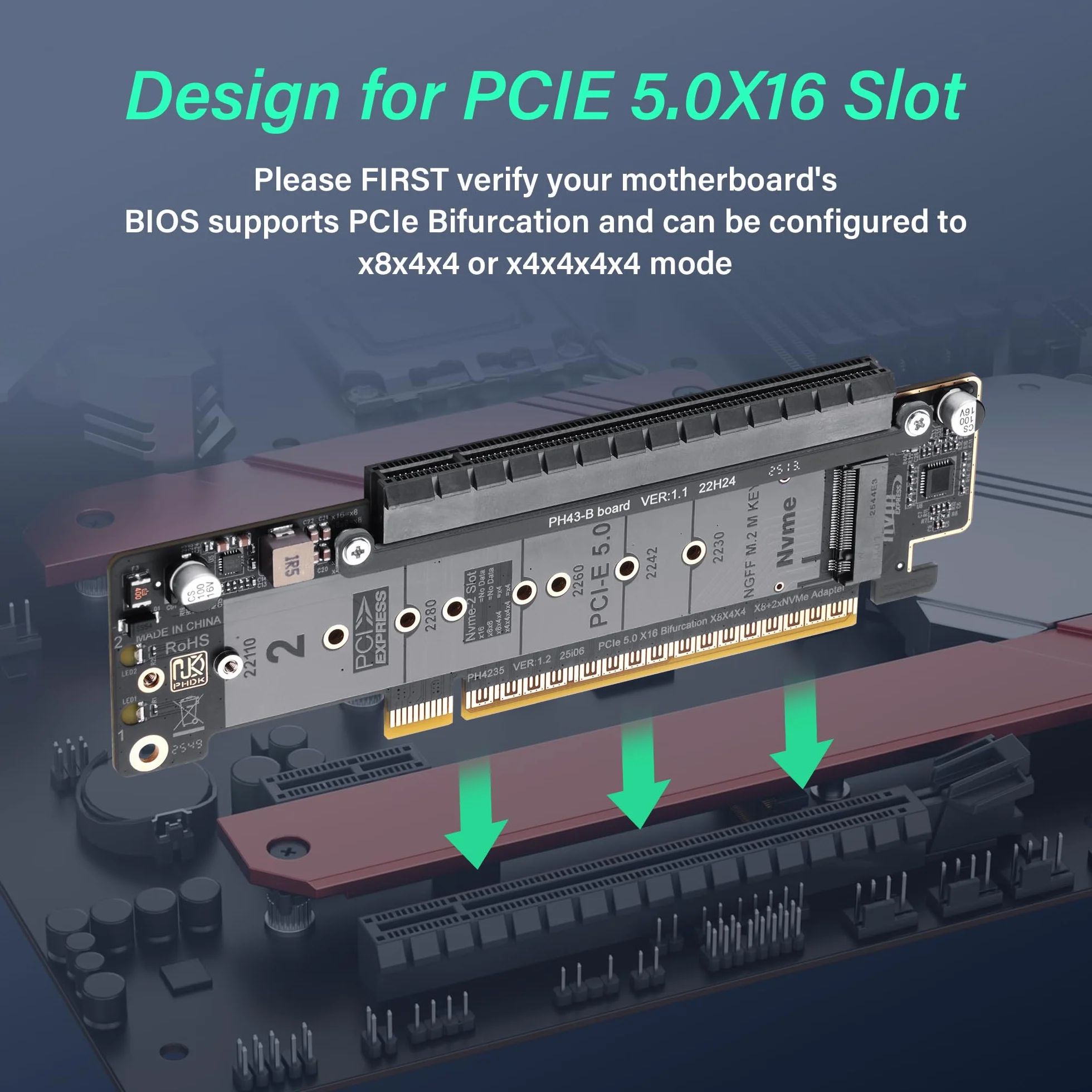 SinLoon PCIe 5.0 X16 karta rozszerzająca, karta PCIe Bifurcation Riser, dzieli slot X16 na X8+X4+X4, obsługuje NVMe M.2 SSD i Low-Profile GPU, kompatybilna z dyskami 22110/2280, z diodami LED do C