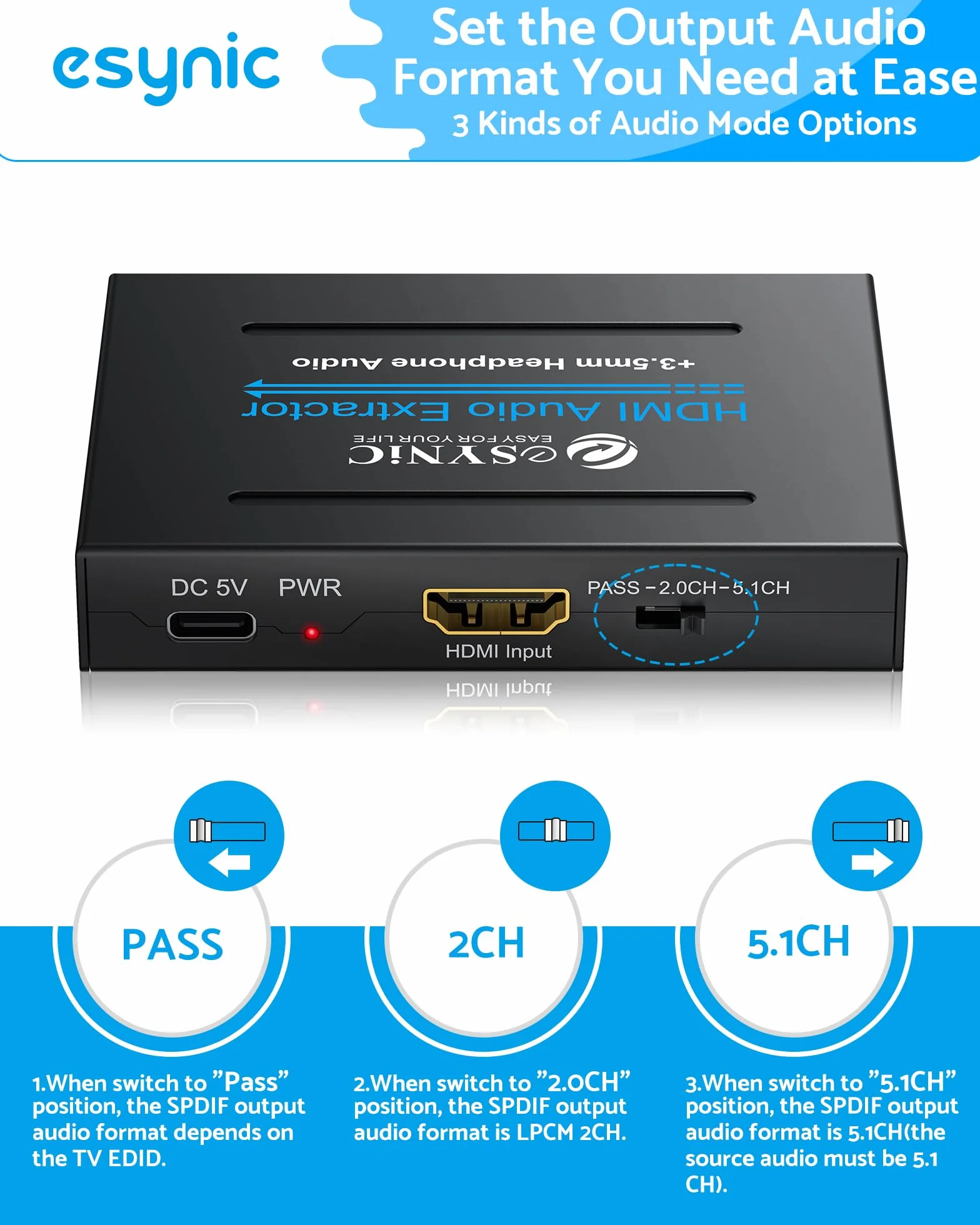 eSynic Profesjonalny ekstraktor HDMI audio, adapter optyczny 4K HDMI, rozdzielacz audio z SPDIF, L/R i wyjściem 3,5 mm do PCM2.0, Dolby, DTS5.1