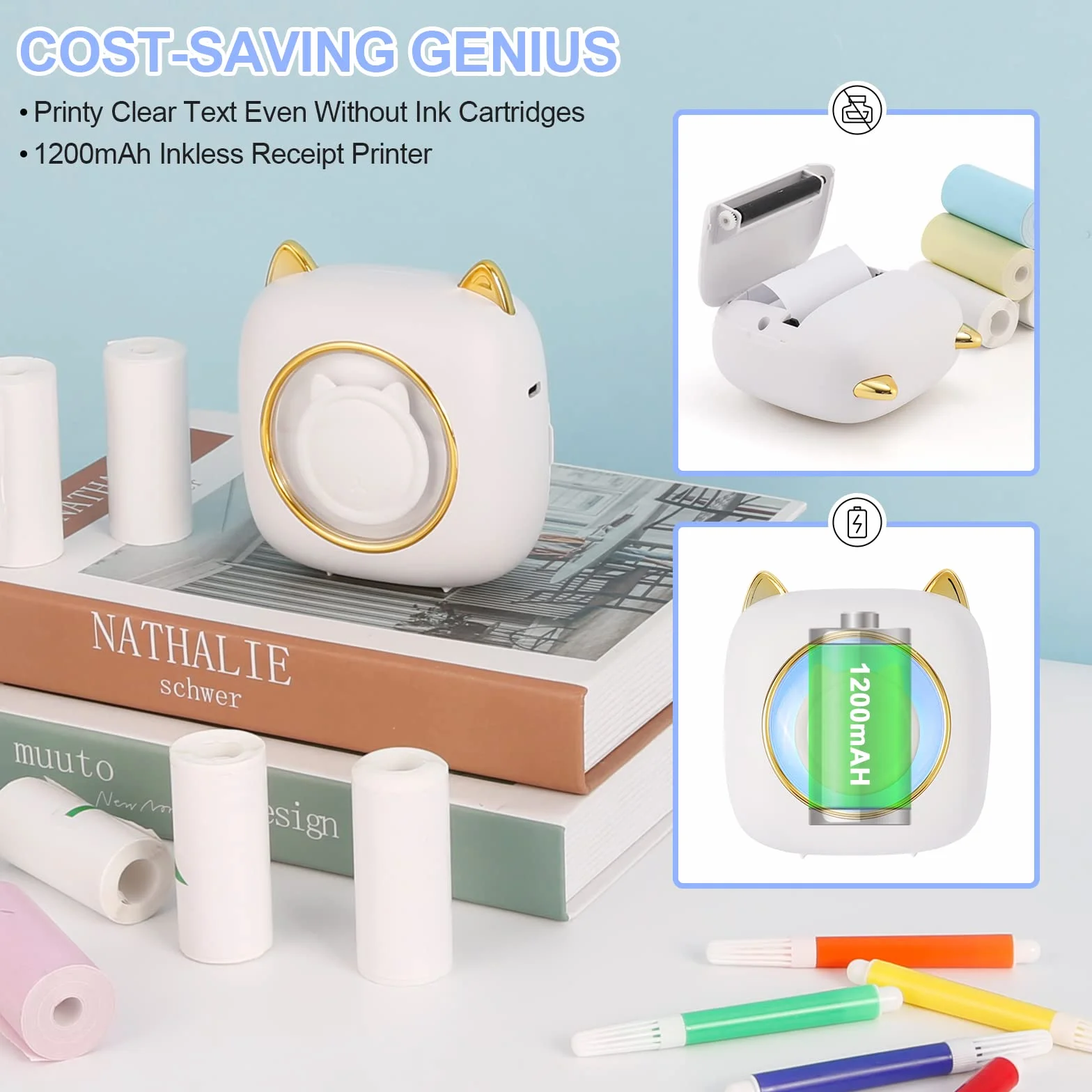 GuKKK Mini drukarka, mobilna drukarka fotograficzna, przenośna, mini drukarka fotograficzna z siedmioma kolorami LED, bezprzewodowa drukarka fotograficzna, drukarka termiczna do smartfona, drukarka