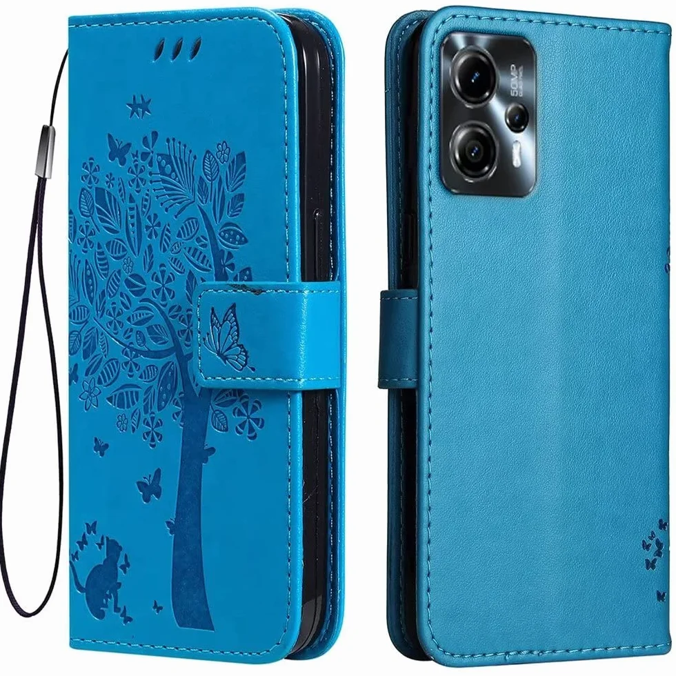 Topme Skórzane etui do Motorola Moto g13 / Moto g23 (6,5 cala), [etui na telefon w stylu kota i drzewa] - niebieskie