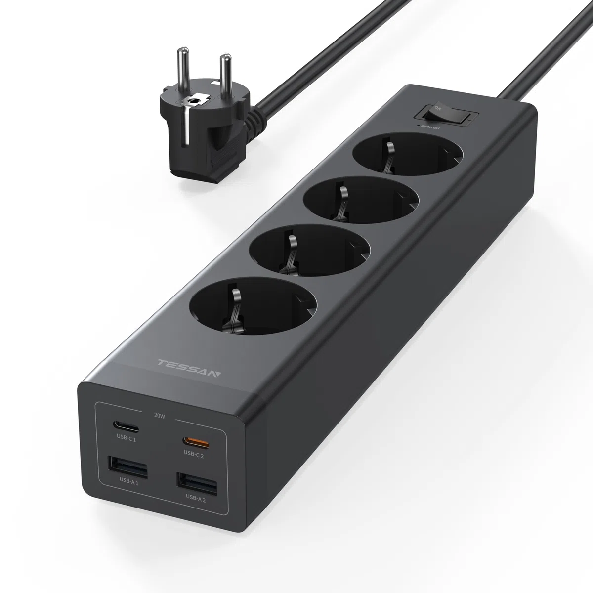 TESSAN 4-drożne gniazdko wielokrotne z przedłużaczem 2 m, czarne | Listwa zasilająca z 2 gniazdami USB C i 2 USB A, wtyczka wielokrotna z przełącznikiem, 3600 W, listwa zasilająca