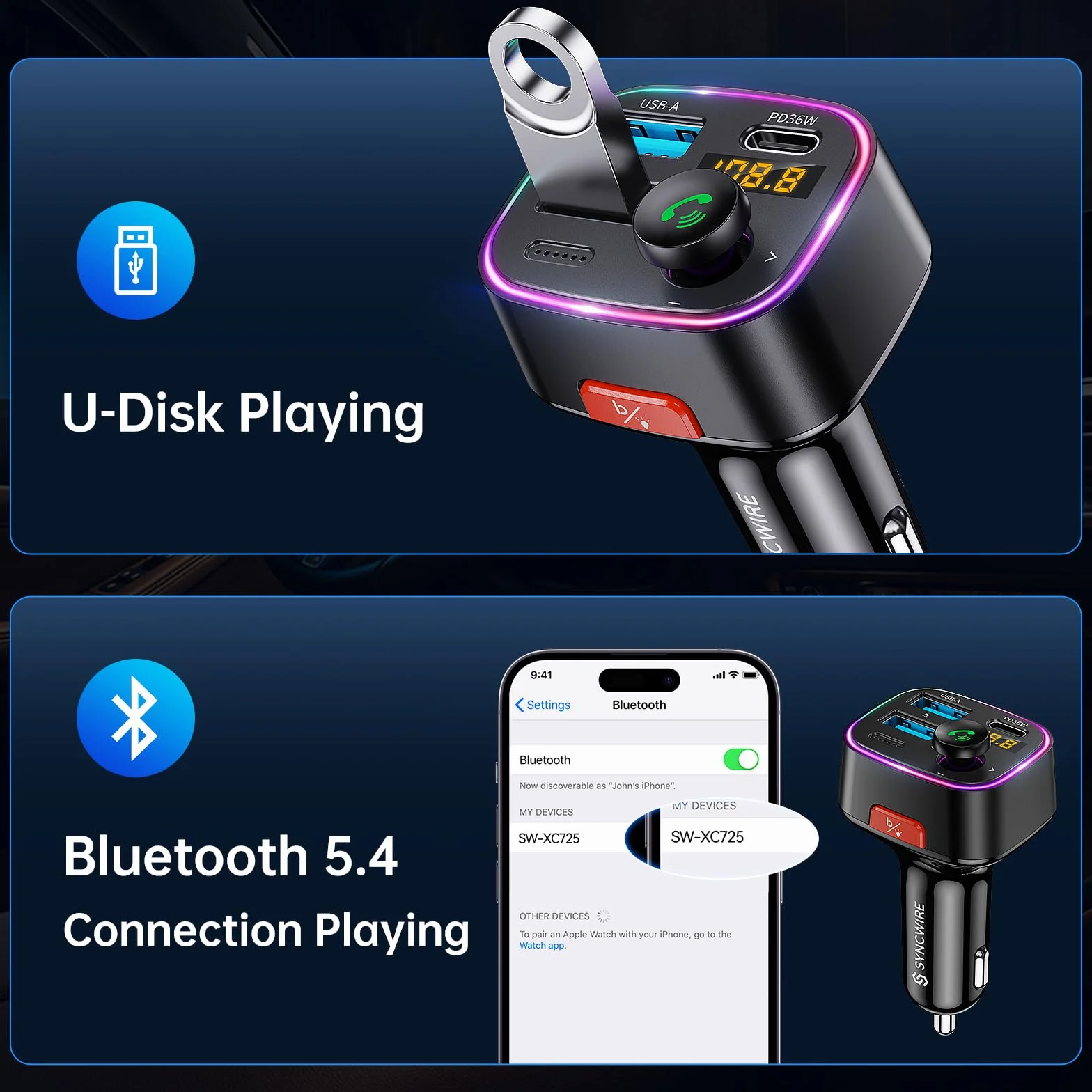 Syncwire Bluetooth 5.3 FM Nadajnik Samochodowy 48W Ładowarka Samochodowa Bezprzewodowy Odbiornik Radiowy Wyświetlacz LED USB