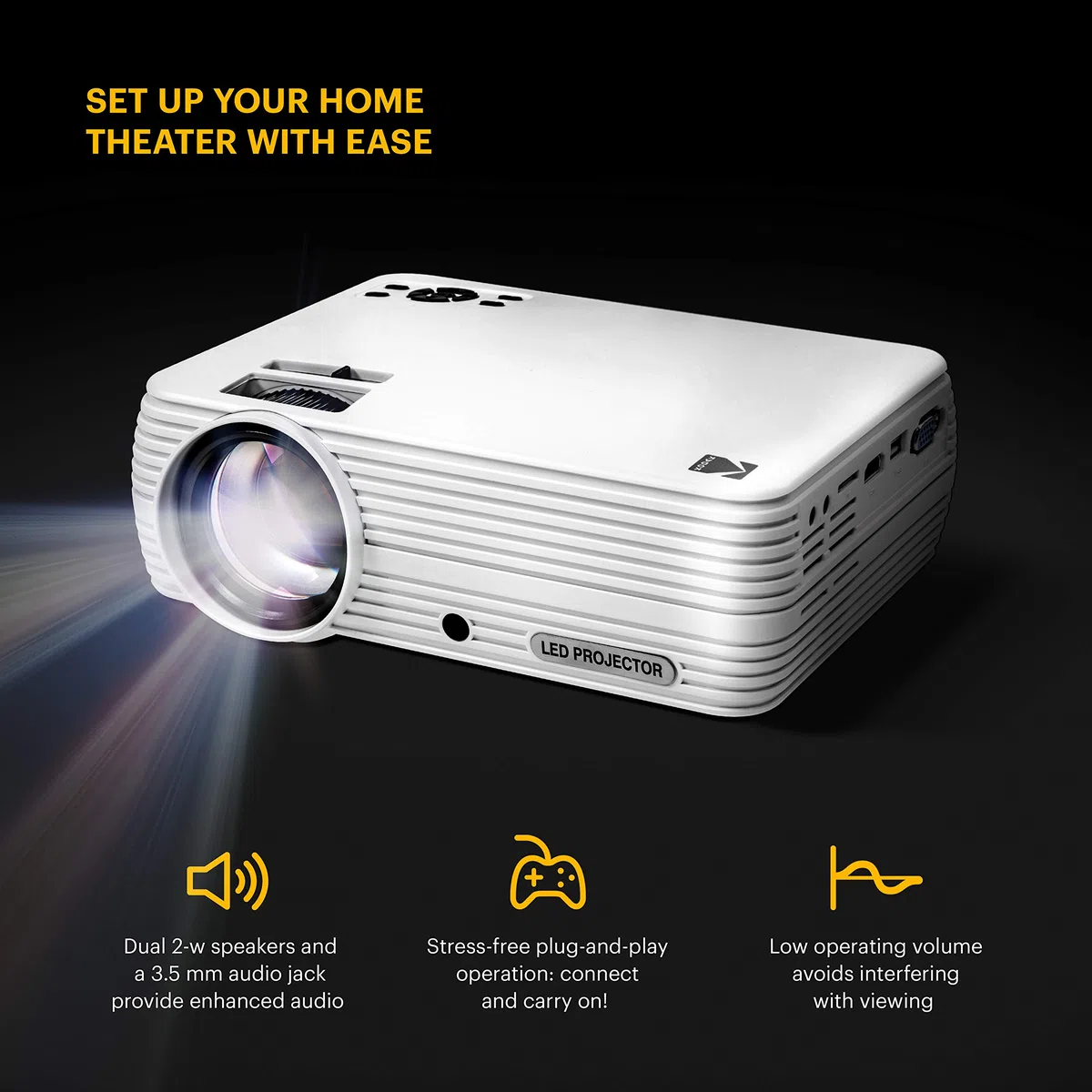 KODAK Projektor domowy FLIK X7 (Max 1080p HD) ze statywem i obudową w zestawie | kompaktowy, projekty do 150 cali z rodzimą rozdzielczością 720p i 30 000 godzin, lumenowa lampa LED