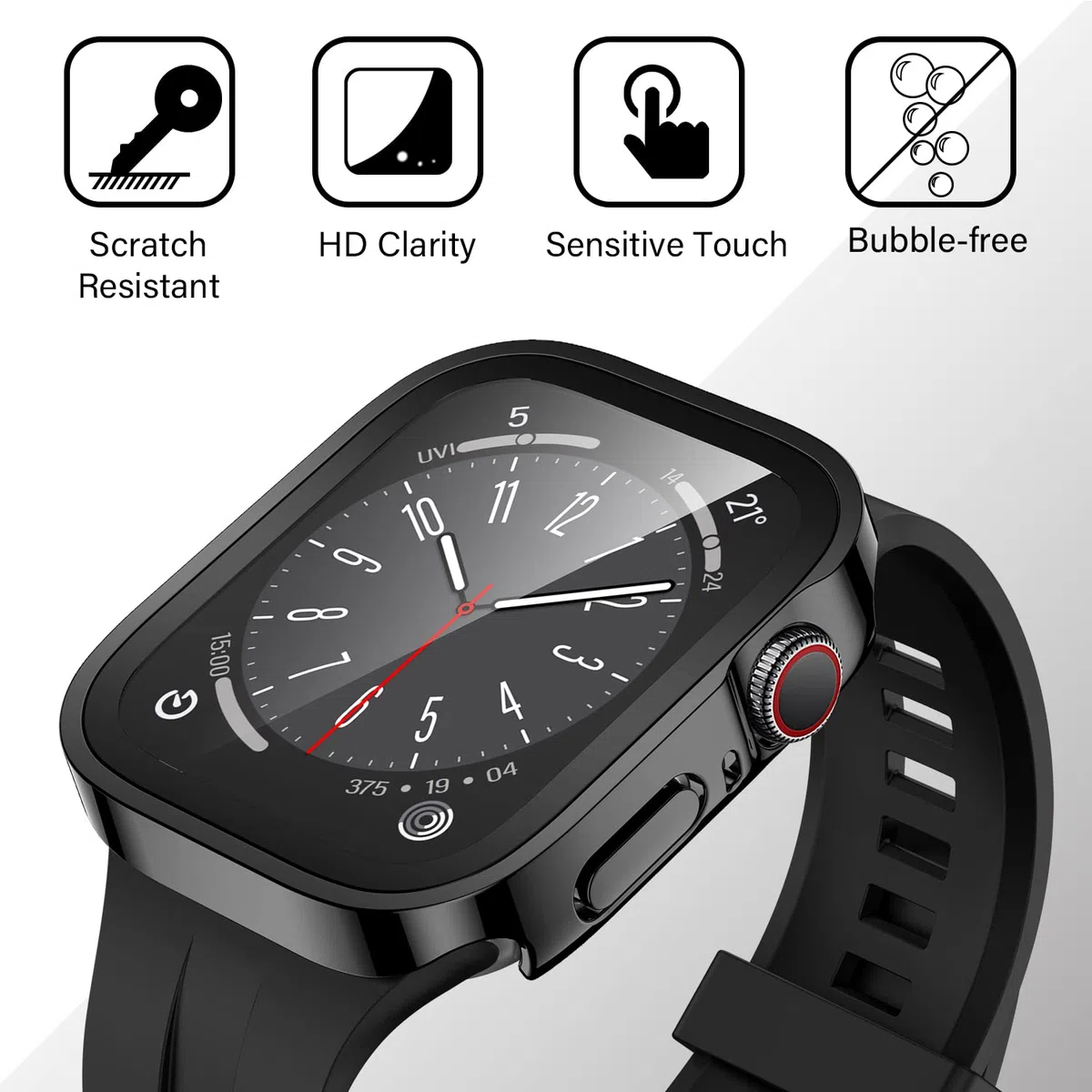 Amizee Etui kompatybilne z Apple Watch Series 8/7, 45 mm, z wbudowanym zabezpieczeniem ekranu, niezwykle cienkie, twarde, z poliwęglanu (PC), prosta krawędź, 2 szt., czarne