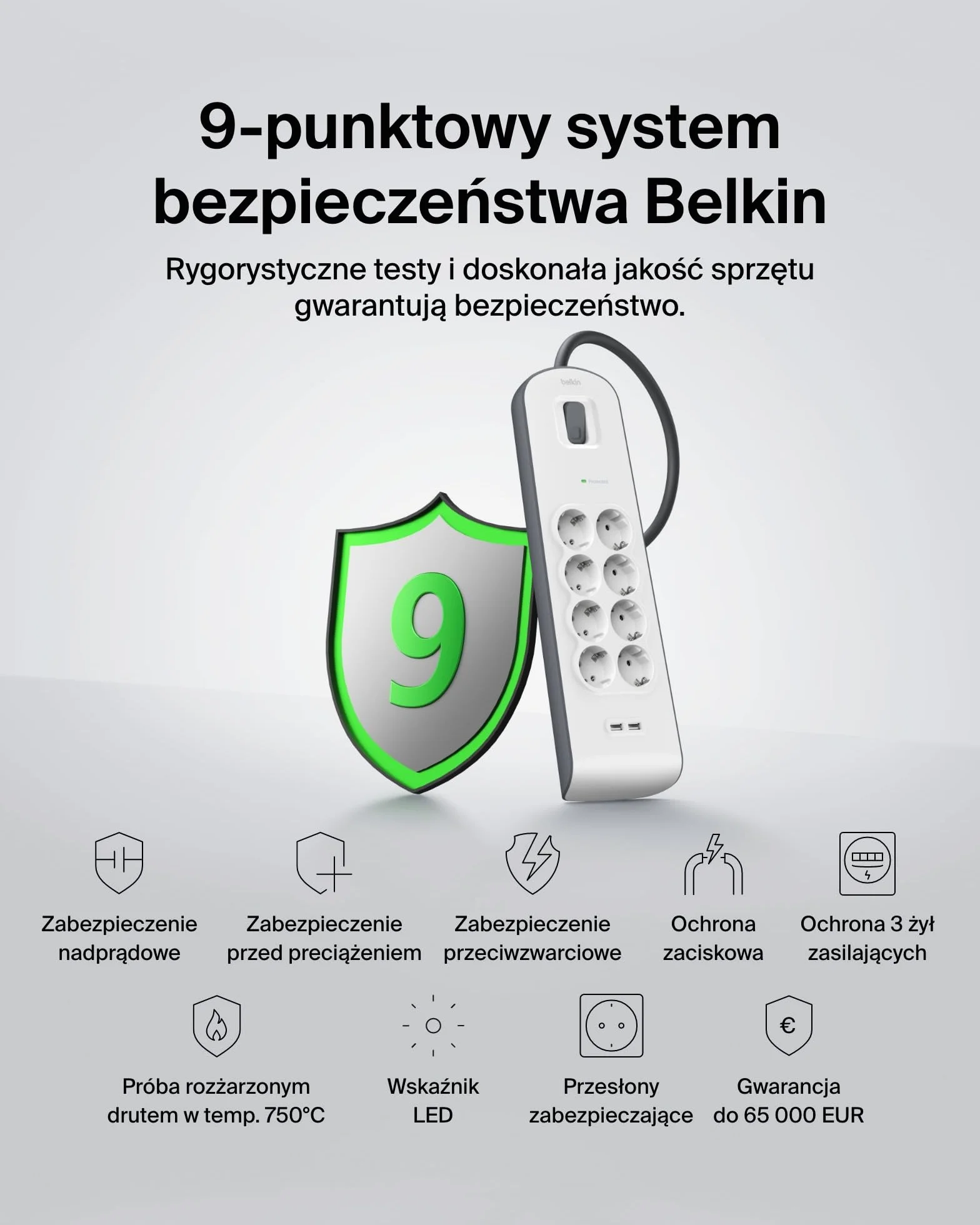 Belkin 8-gniazdowa listwa antyprzepięciowa z portami USB, 8 zabezpieczonych gniazd AC i 2 porty ładowania USB-A o natężeniu wyjściowym 2,4 A, 2-metrowy przedłużacz, listwa zasilająca do domu i biura