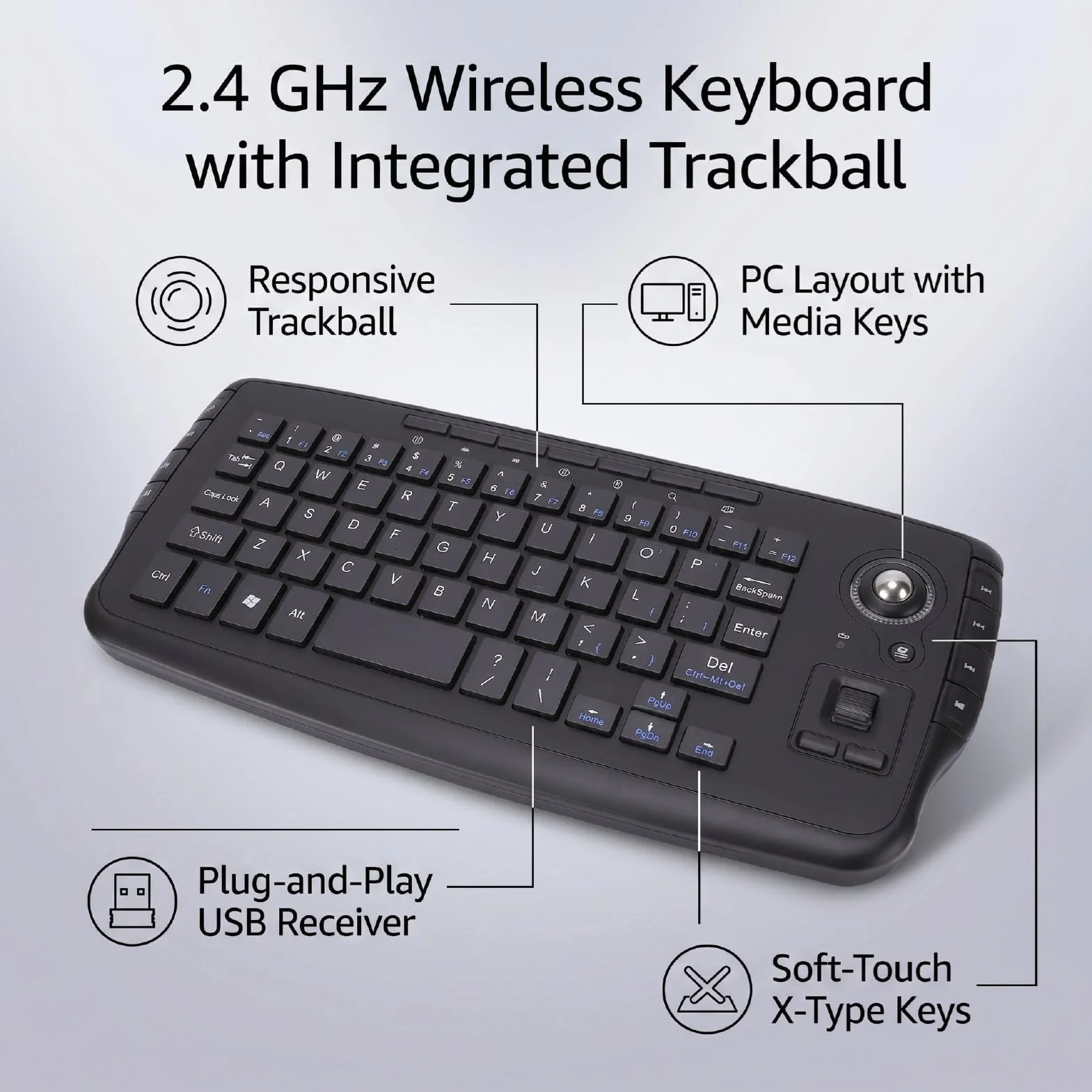 Bewinner Klawiatura z myszką Trackball, Zestaw Klawiatury i Myszy Bezprzewodowej Trackball 2,4 GHz, Mini Klawiatura z Kółkiem Przewijania Myszy do Komputera PC, Android TV Box,