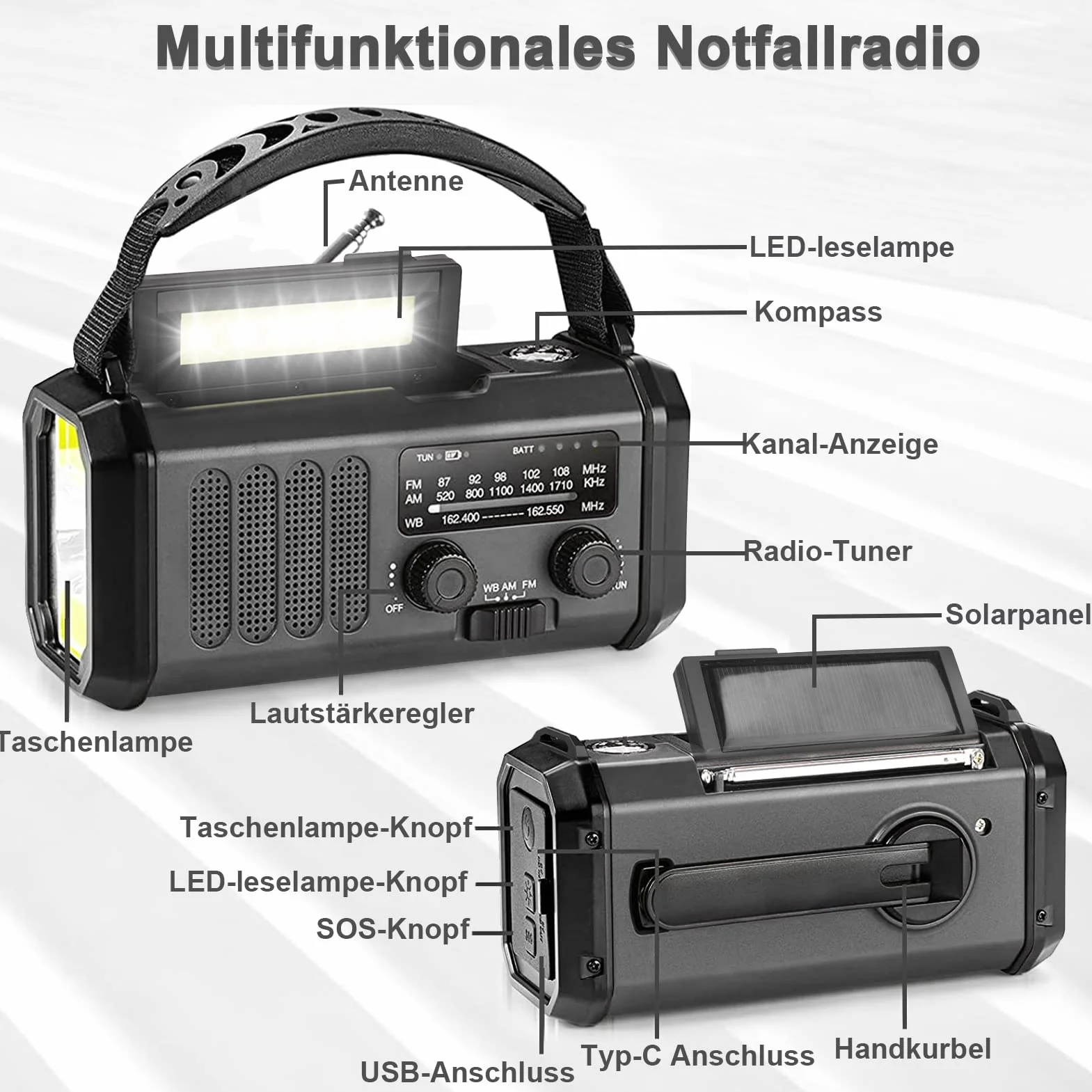 Radio Korbowe 20000mAh Akumulator Ładowalne AM/FM Przenośne Solarne Dynamo Latarka LED Alarm SOS Kompas Czarny