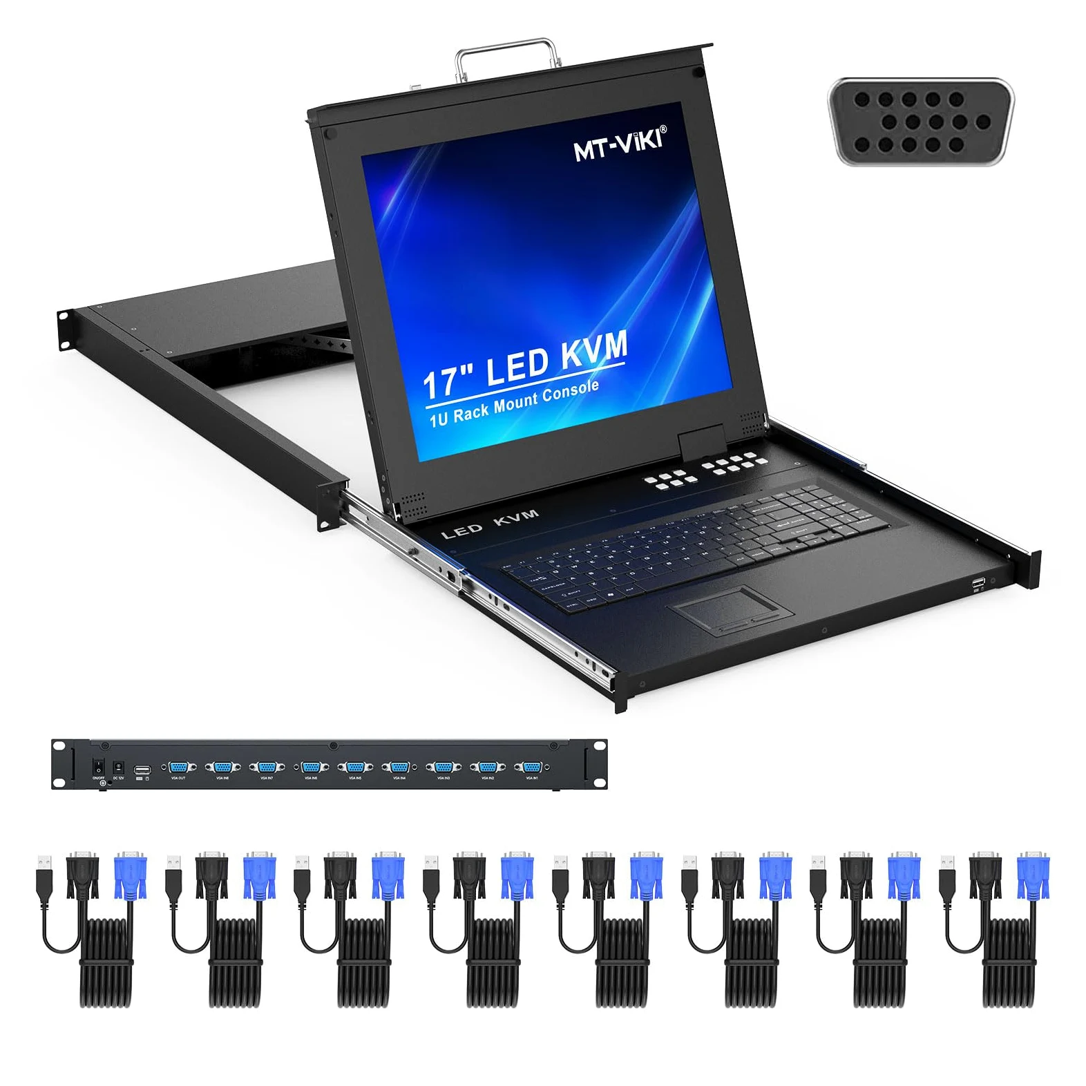 MT-VIKI 17-calowy monitor LCD Rackmount KVM Monitor Switch 8 portów KVM VGA ze zintegrowaną konsolą do szafy 1U 600-800 mm szafy, touchpada, szuflady, Hotkey OSD z 4 x 1,5 m + 4 x 1,8 m kablami 1280 x