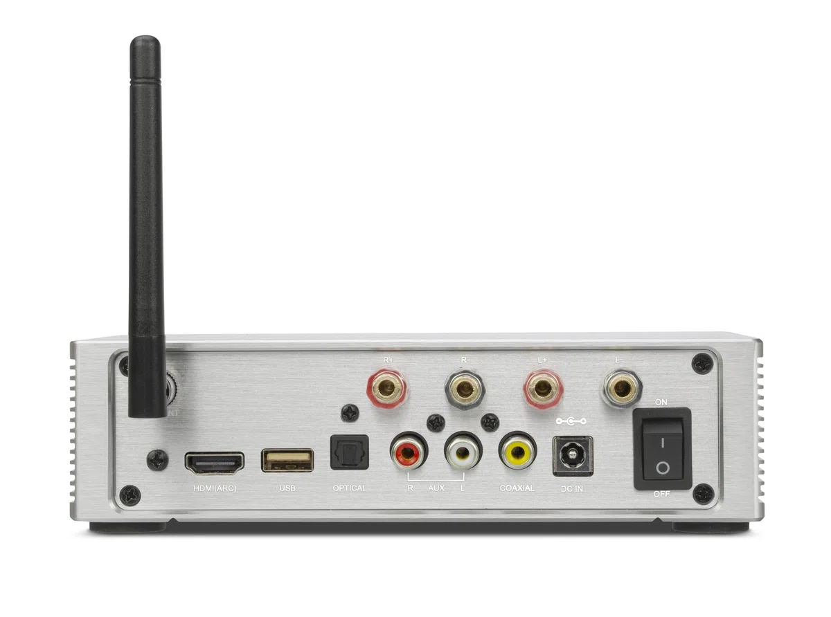 Dynavox DA-300 wzmacniacz HiFi, kompaktowy wzmacniacz cyfrowy klasy D stereo z HDMI ARC, BT 5.0, USB, optyczny i współosiowy, szlachetna obudowa aluminiowa, idealny do dźwięku TV i strumieniowego
