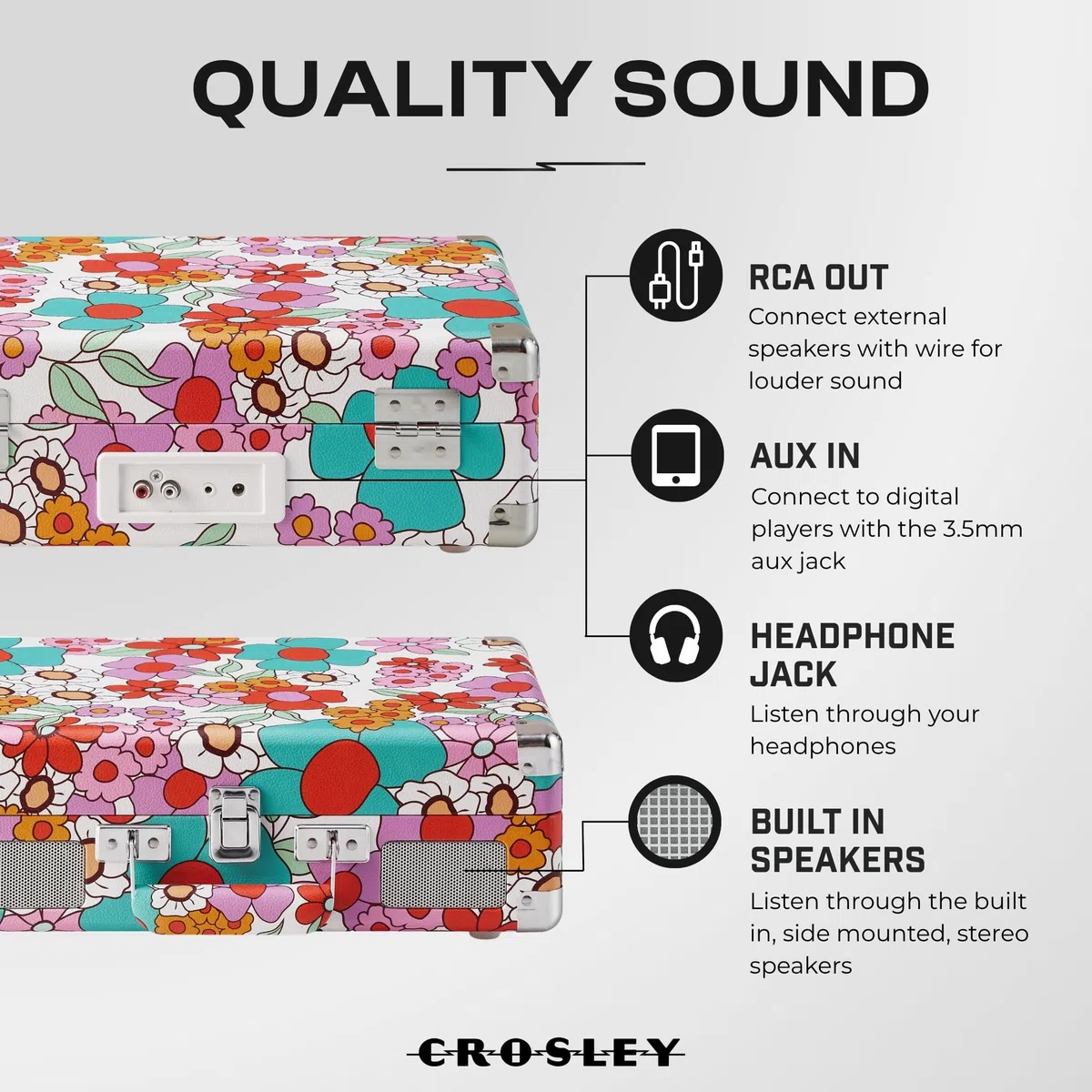 Crosley Cruiser Plus Gramofon z 2 głośnikami, Bluetooth In & Out i Aux 3 Speed Retro gramofon – do winylu 7", 10" i 12", przenośny, z wbudowaną walizką, Groovy Flowy