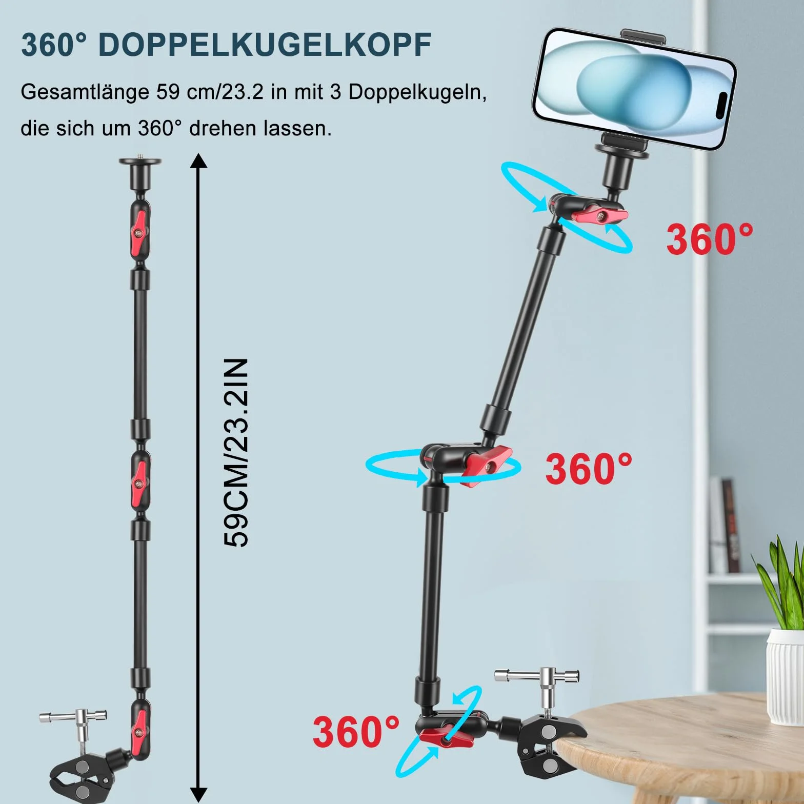 Magic Arm mit Super Clamp 23''/59 cm, ZAKVOP Webcam uchwyt z zaciskiem, elastyczny 360° Magic Arm Clamp z elastycznym ramieniem 1/4" 3/8", głowica kulowa, ramię kamery internetowej do aparatu, kamery