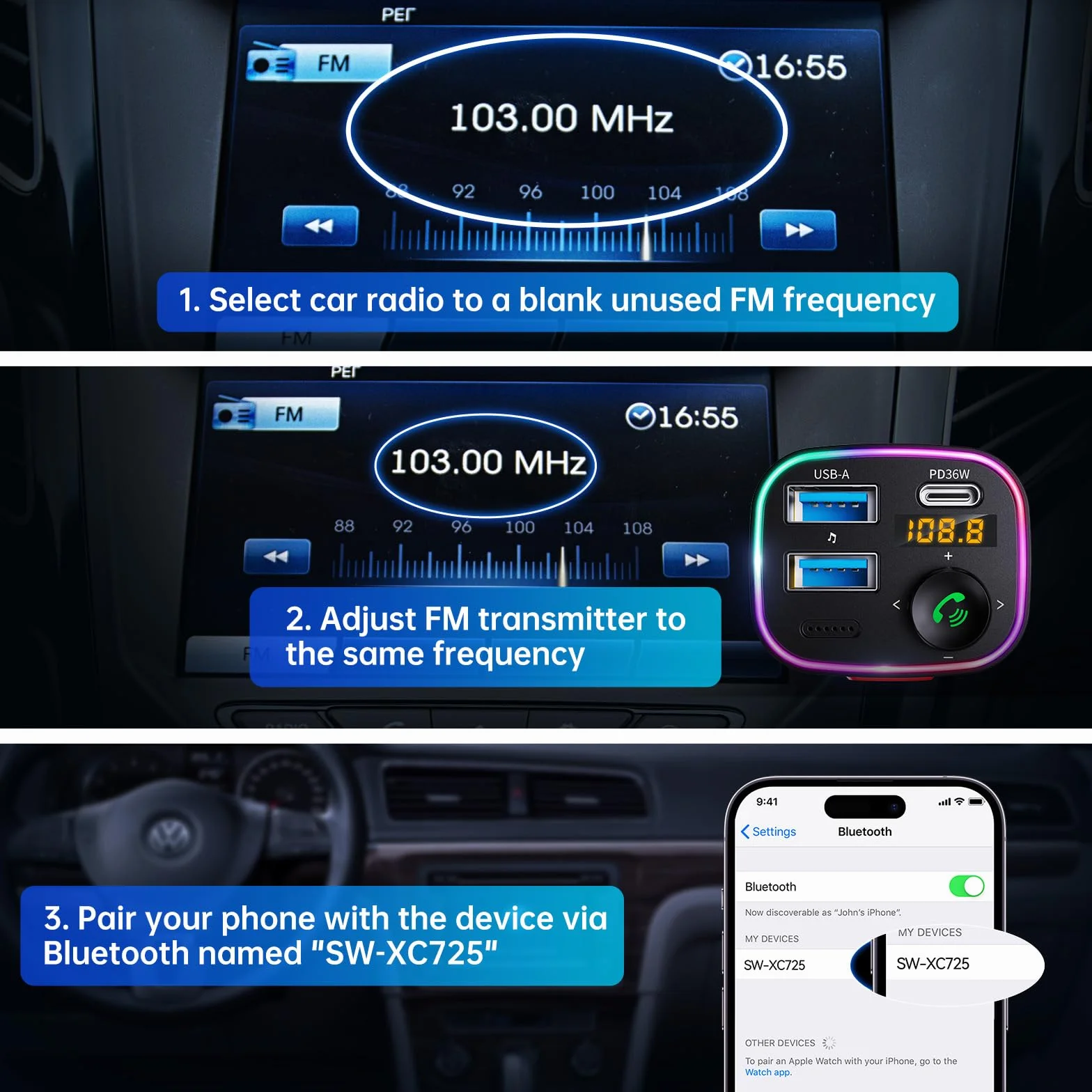 Syncwire Bluetooth 5.3 FM Nadajnik Samochodowy 48W Ładowarka Samochodowa Bezprzewodowy Odbiornik Radiowy Wyświetlacz LED USB