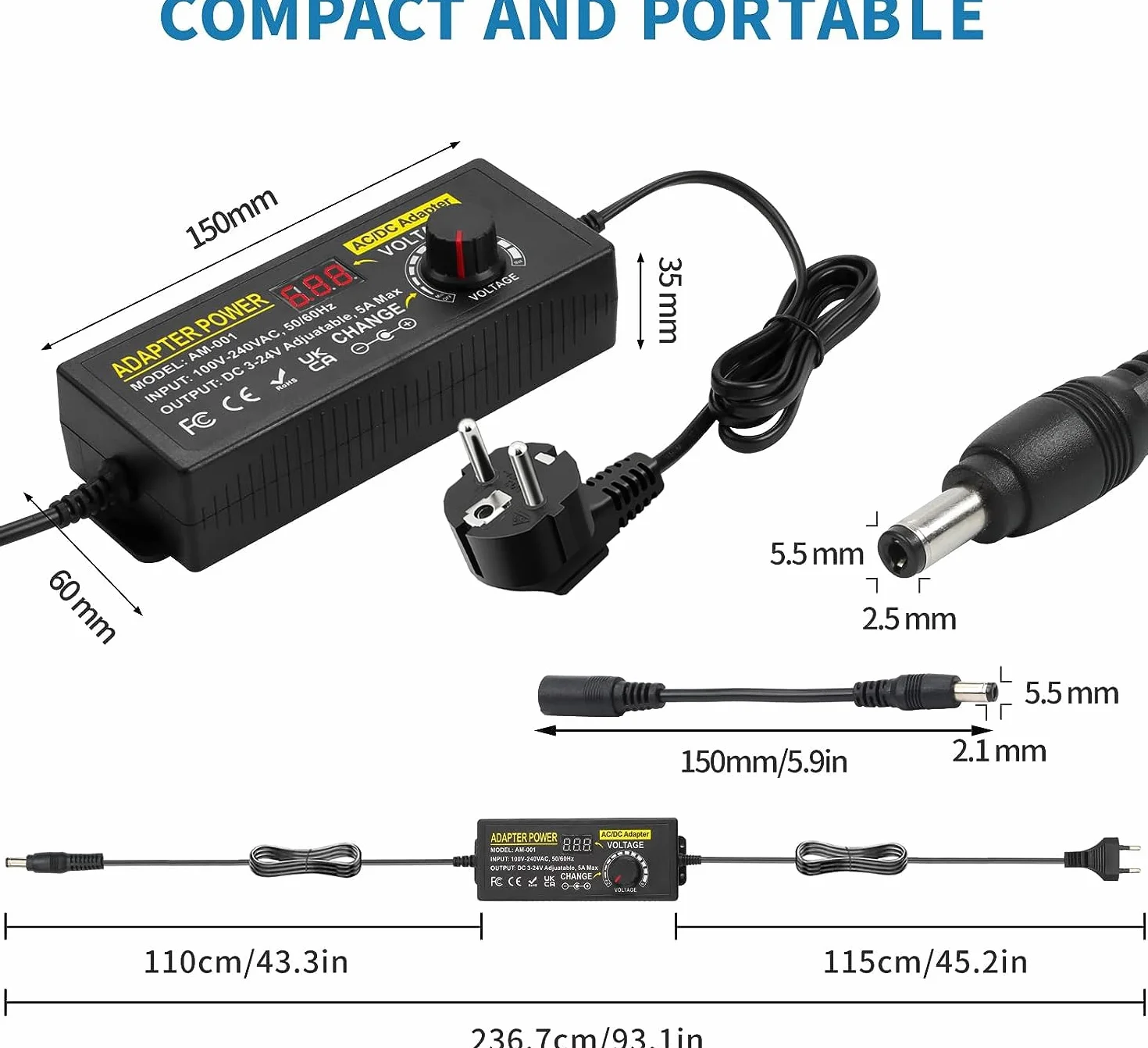 Regulowany zasilacz 3V~24V 5A 120 W, uniwersalny zasilacz AC/DC 3V 5V 6V 9V 12V 15V 18V 19V 20V 24V, konwerter AC/DC 100V-240V z 14 końcówkami 5,5 x 2,5 mm do taśm LED