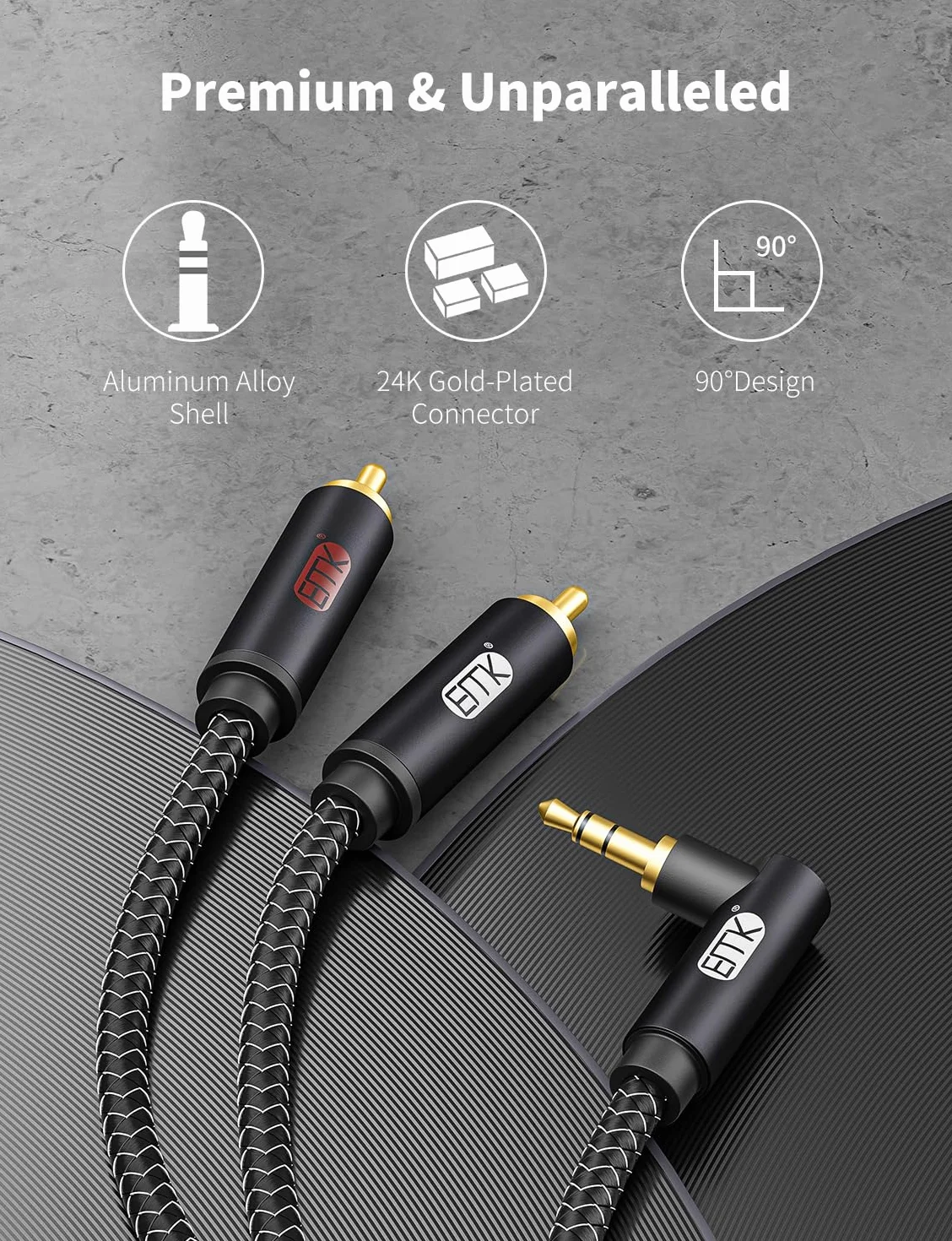 EMK Kabel 2RCA Y 3,5 mm do 2 RCA Audio Kabel Aux Nylon Pleciony męski do 2rca Kabel łączy smartfon, Luidsprekers, gramofon, TV (Straight Aux-3 m)