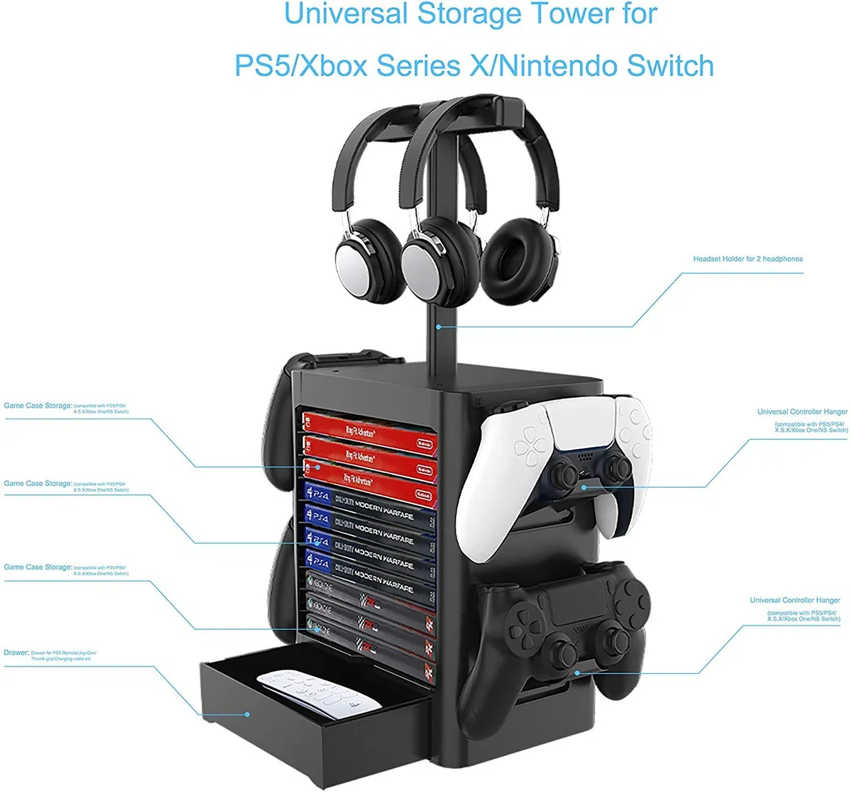 PS5 wielofunkcyjny uchwyt do przechowywania dysków do gier, konsoli PS5, stojak na dysk do gier i kontroler, stojak na słuchawki, kompatybilny z Xbox Series X/Nintendo Switch/ PS4, czarny