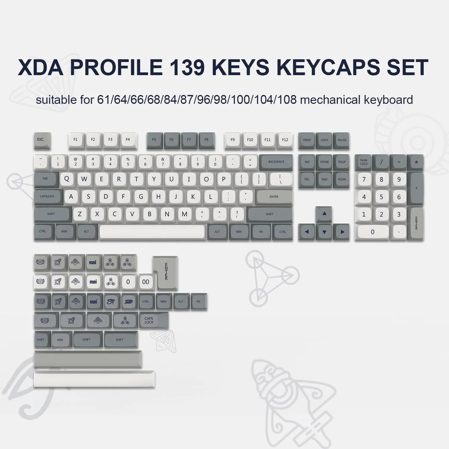 Klawisze retro szare PBT XDA Profile Keycaps 75% Dye-Sub Double Shot 139 klawiszy do klawiatury mechanicznej Gateron MX