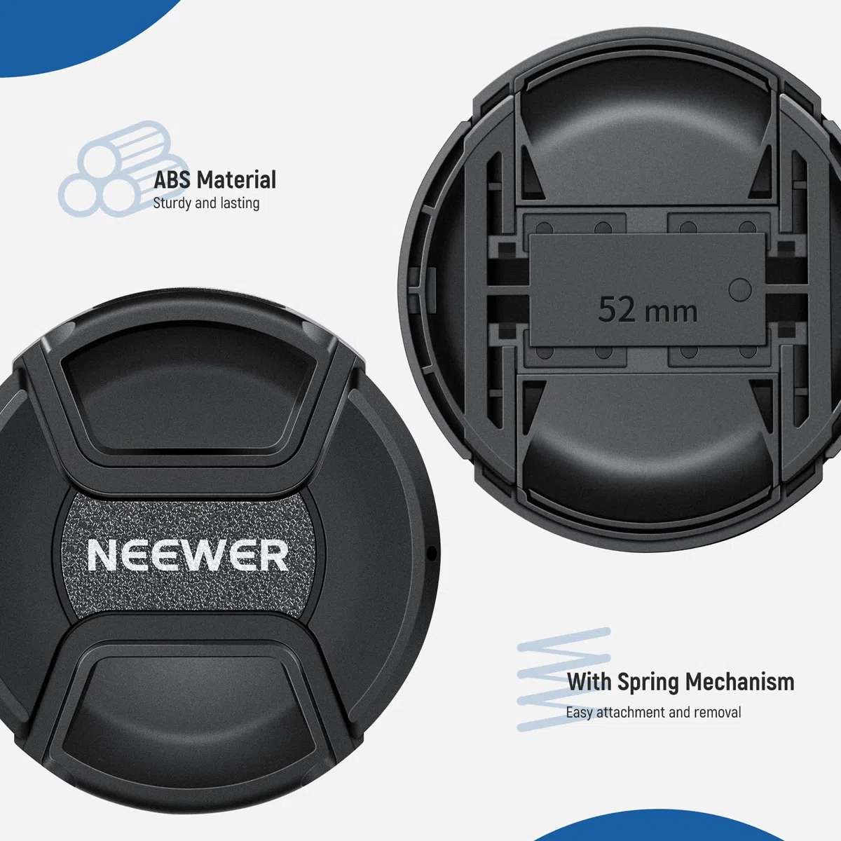 Neewer Zestaw osłon obiektywu 52 mm (2 sztuki), osłona obiektywu z paskiem zapobiegającym zgubieniu i ściereczką do czyszczenia, kompatybilna z obiektywem aparatu Canon Nikon Sony Fujifilm Panasonic o