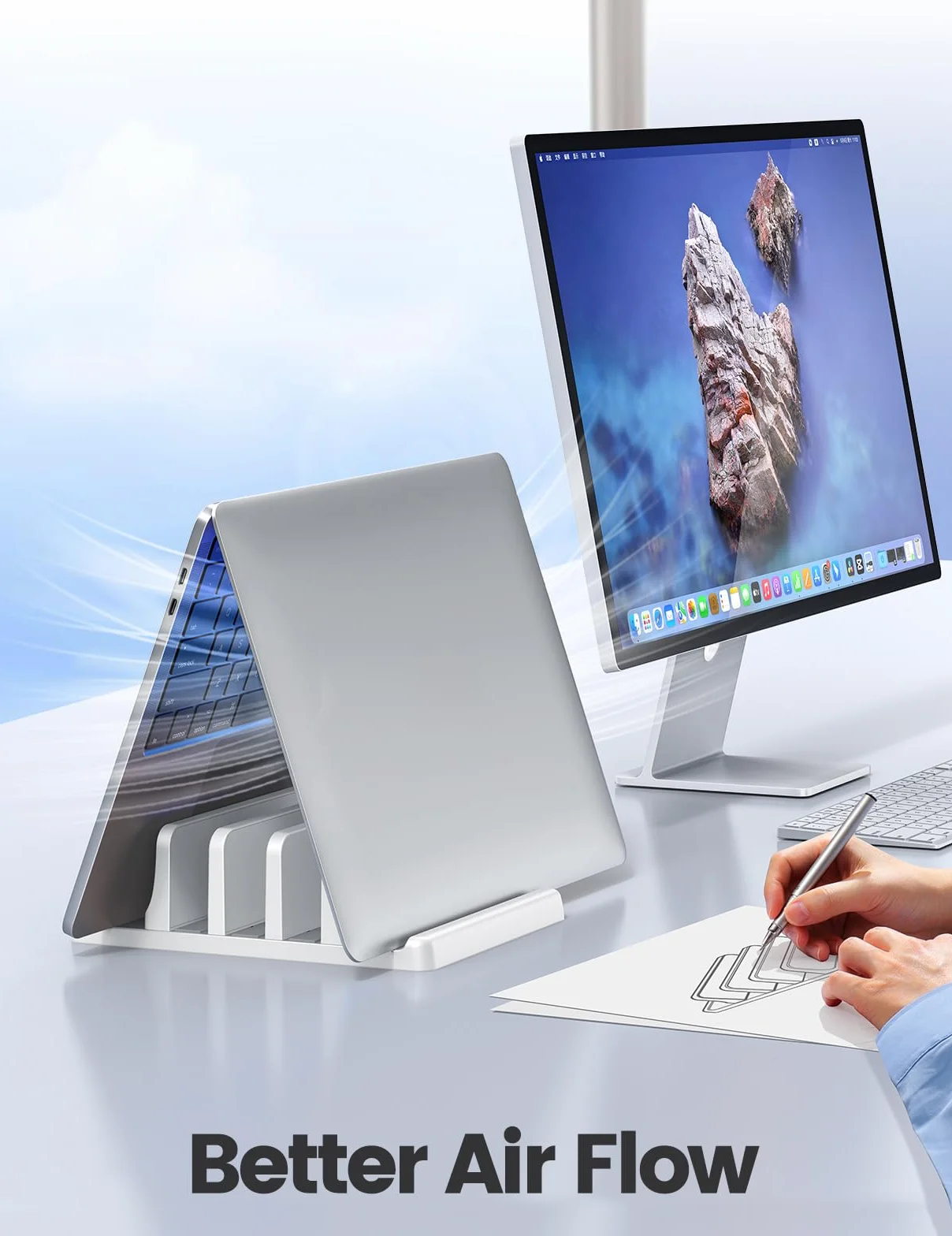 Vaydeer Stojak na laptopa z 3 przegródkami na laptopa wykonany z wysokiej jakości tworzywa sztucznego ABS, konstrukcja 5 w 1, regulowany organizer na biurko dla wszystkich