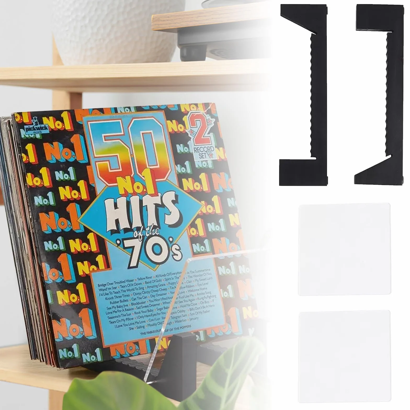 Winylowy organizer na płyty LP, płyta winylowa, stojak, przechowywanie do 50 albumów lub płyt CD, podstawa z litego drewna ze szkłem akrylowym, kolor czarny