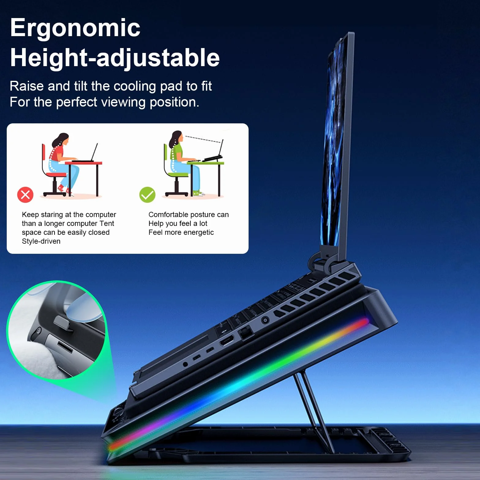 Podkładka chłodząca do laptopa do gier, chłodziarka do laptopa, podstawka chłodząca do laptopa z zewnętrznym wentylatorem chłodzącym 18 cm, szybkie chłodzenie, laptop 15-21 cali, sterowanie dotykowe