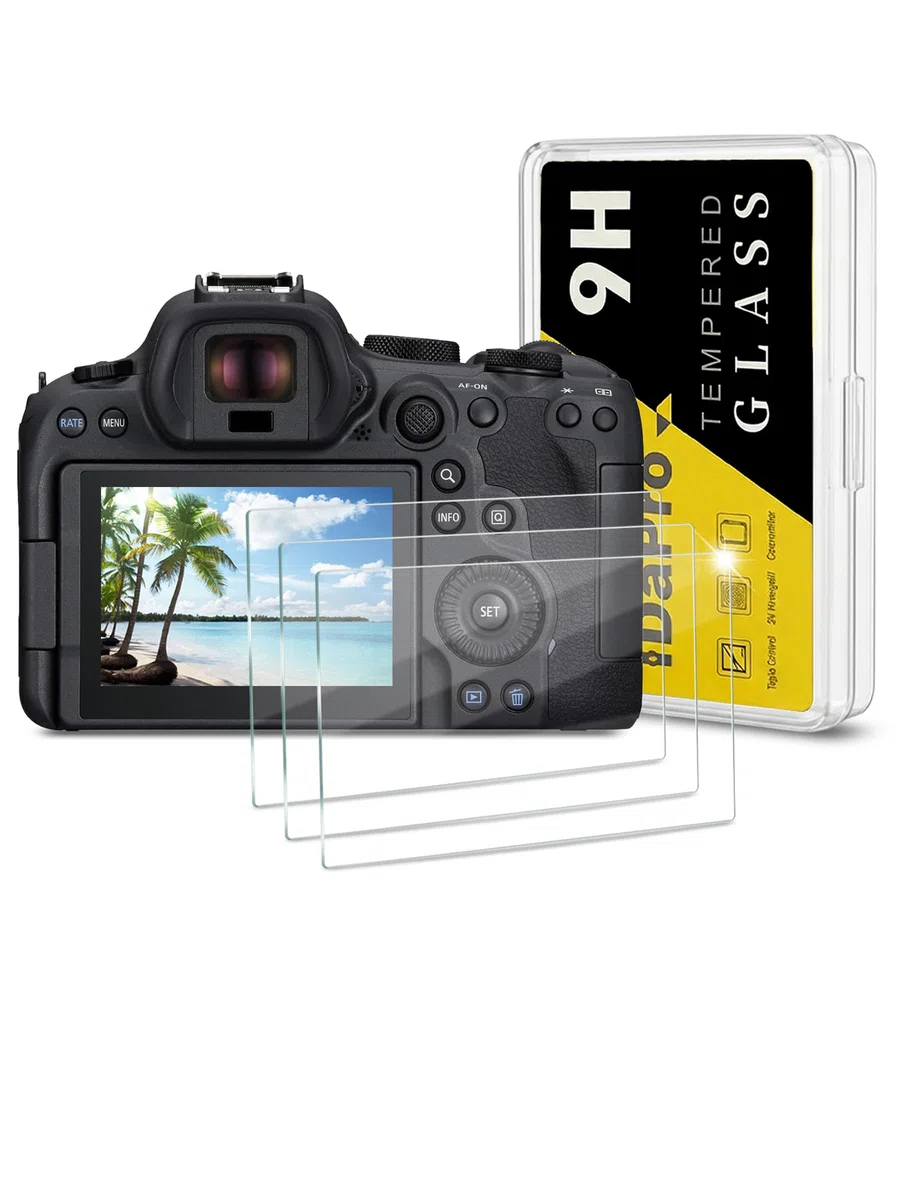 iDaPro Folia ochronna do Canon EOS R6 Mark III/II/V, Szkło hartowane 9H | 3-szt. + pudełko ABS. Nie dla R5/R7. Twardość 9H, odporne na rysy, bez bąbelków, HD, antyodciskowe, łatwy montaż.