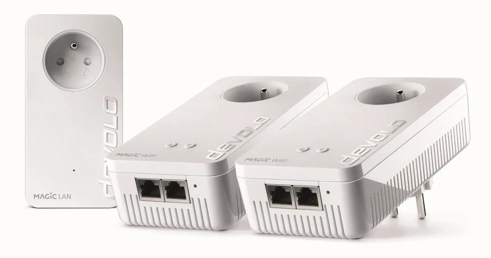 devolo Magic 2 WiFi 5 (ac) Zestaw multiroom: 3x adaptery PowerLine WiFi, gniazdo Gigogne (2400 Mbits, 5x porty Gigabit Ethernet) idealne do pracy i przesyłania strumieniowego, wtyczka francuska