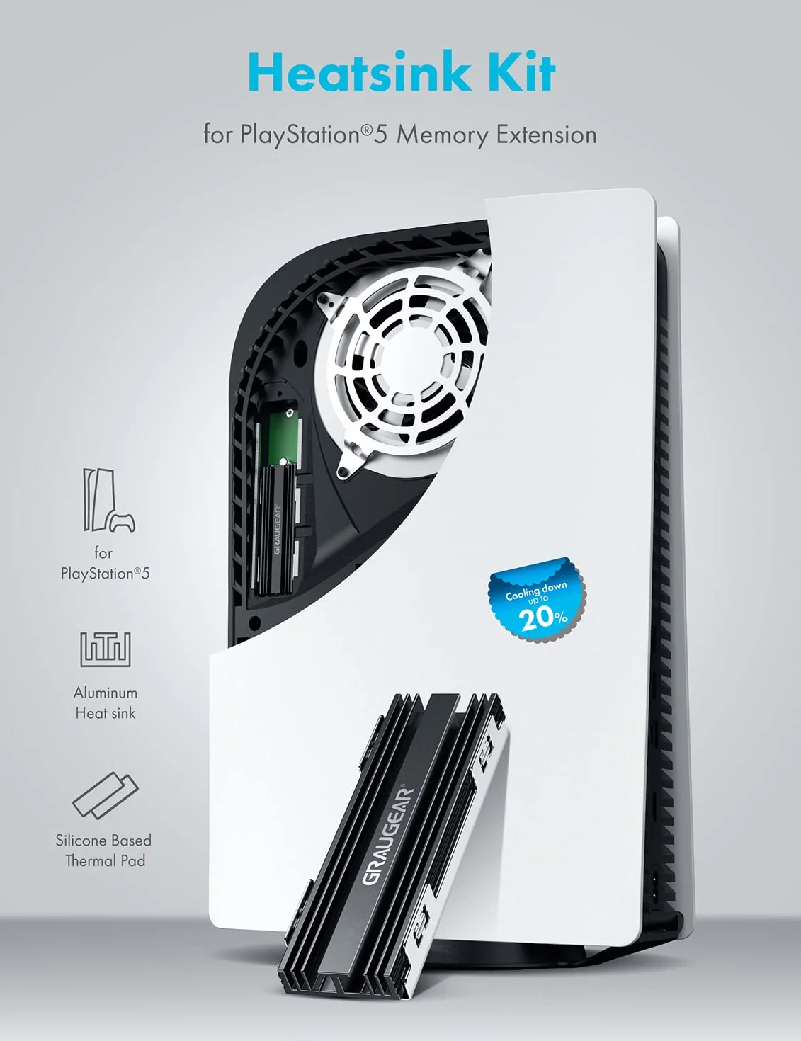 GRAUGEAR Radiator do M.2 NVMe SSD, zestaw chłodnicy Heatsink do Playstation5, PS5 Slim, z pokrywą odprowadzającą ciepło (aluminium)