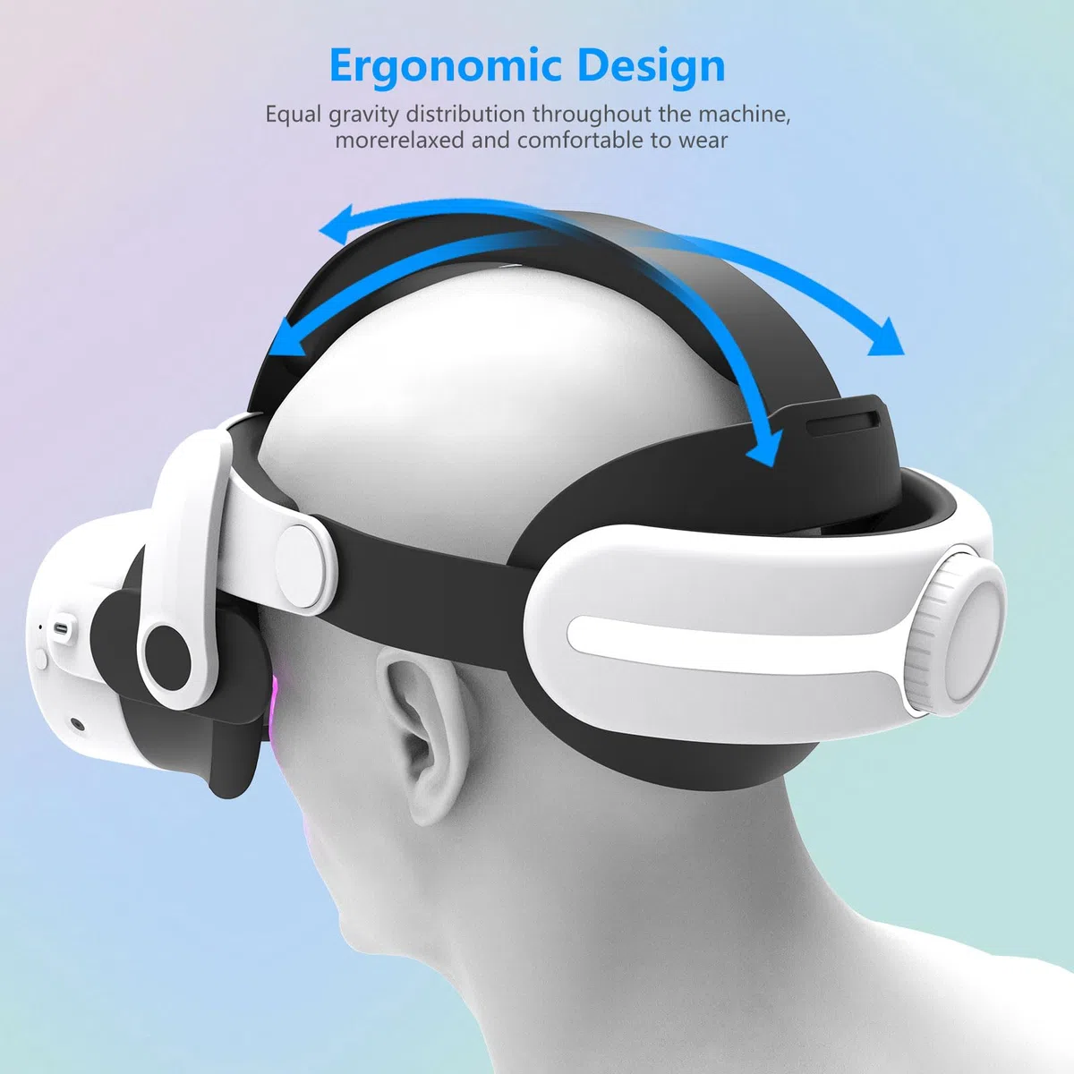 Miękkie i wygodne nakrycie głowy do Oculus/Quest3/3S, regulowana i trwała elastyczna taśma, podwójne pokrętła minimalizujące nacisk głowy i zwiększają równowagę, idealne do intensywnych przygód VR