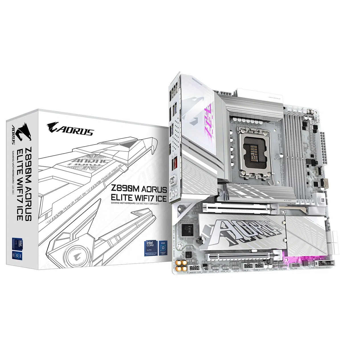 GIGABYTE Płyta główna Z890M AORUS ELITE WIFI7 ICE - obsługuje procesory Intel Core Ultra (seria 2), 12+1+2 fazy VRM, do 8800 MHz DDR5 (OC), 1 x PCIe 5.0 + 2 x PCIe 4.0, Wi-Fi 7, 2.5 GbE LAN,