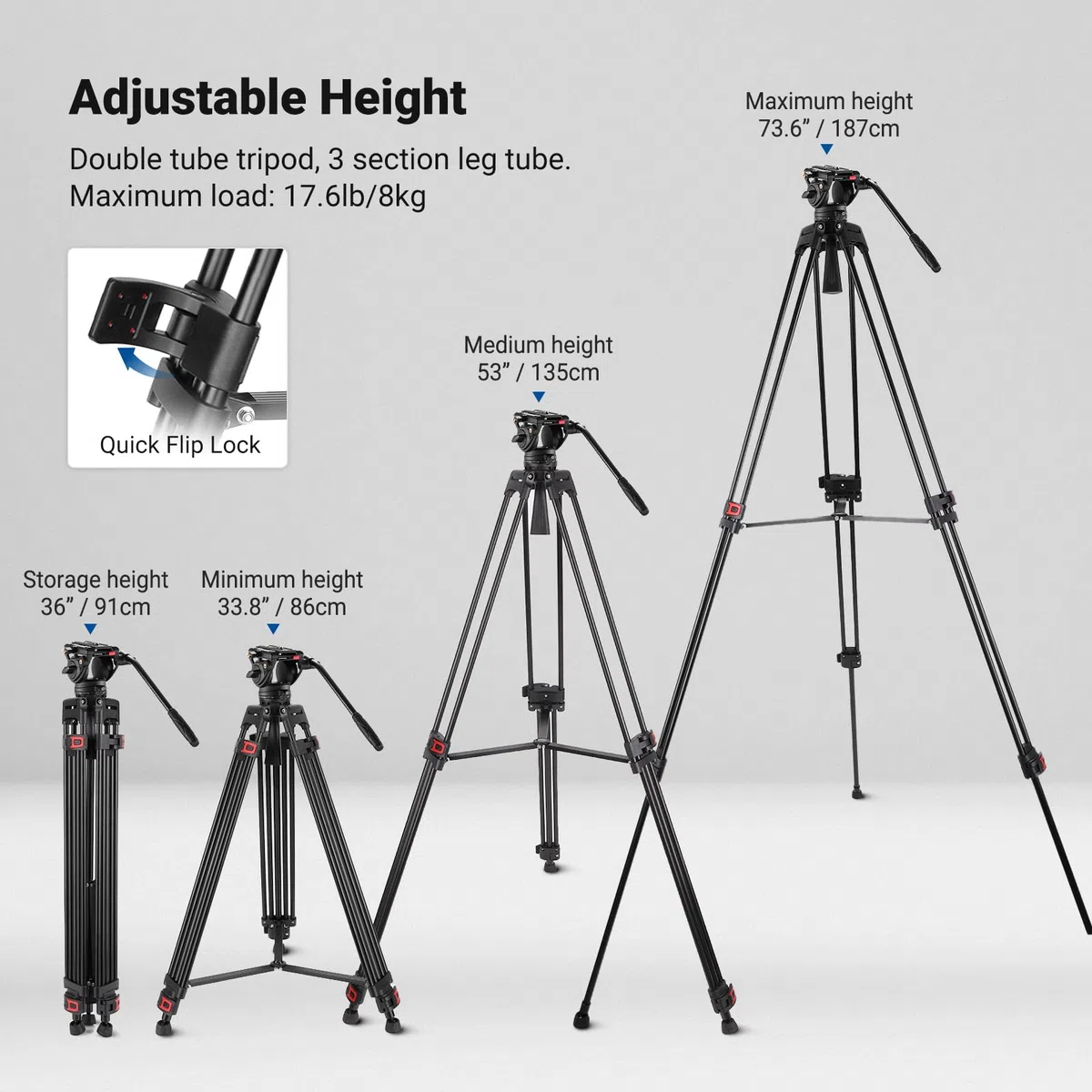 NEEWER 74" Pro statyw wideo z głowicą fluidową, płyta QR kompatybilna z DJI RS Gimbals Manfrotto, wytrzymały statyw do aparatu z uchwytem teleskopowym, skalowana podstawa do lustrzanek cyfrowych,