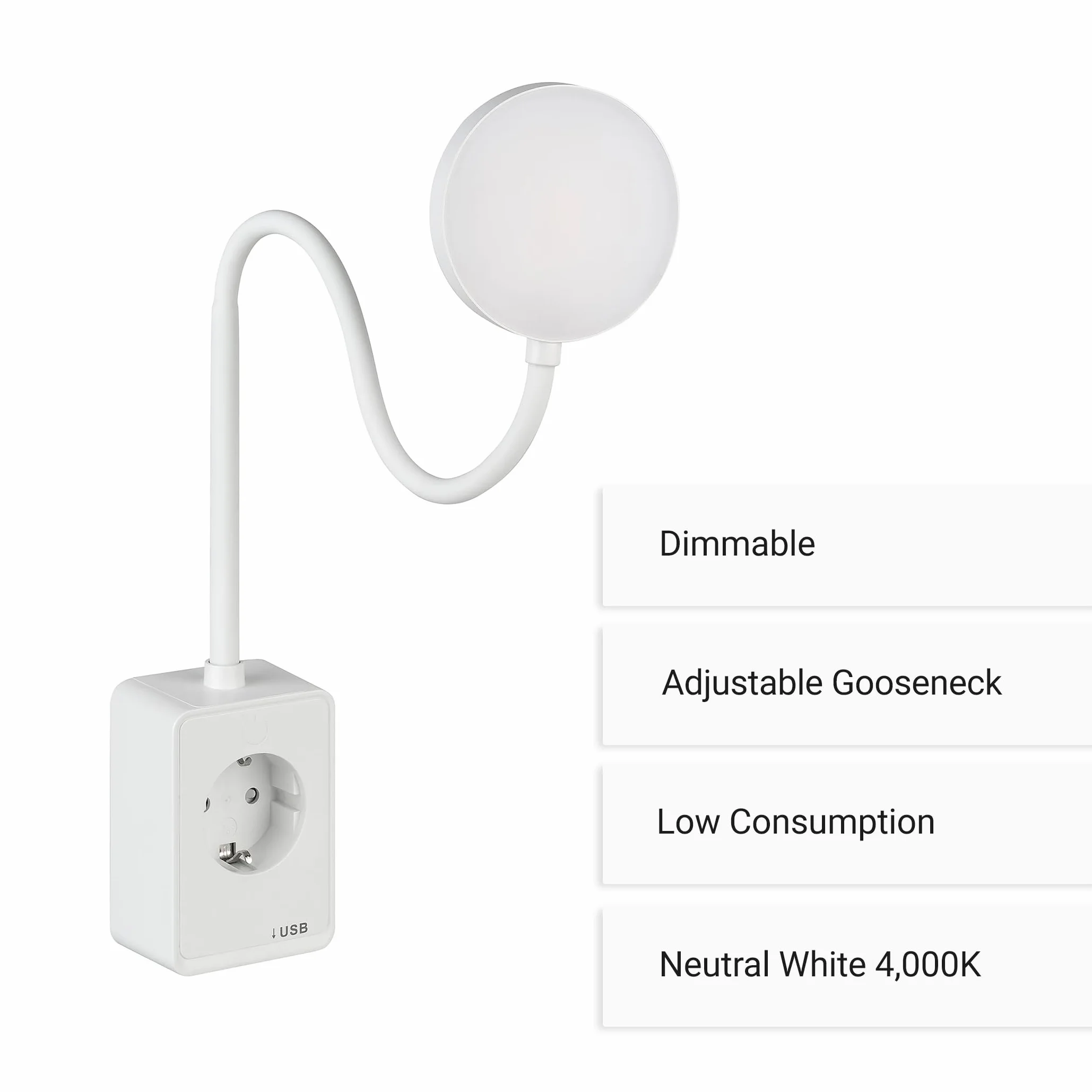 SEBSON Lampa LED z gniazdkiem elektrycznym, z możliwością ściemniania – lampka do czytania i gniazdko elektryczne z złączem USB-C – elastyczny szyjka łabędzia