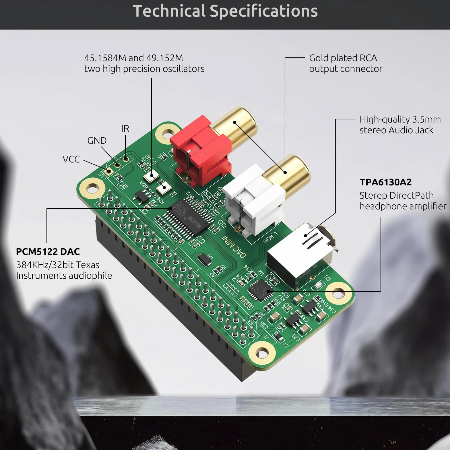 InnoMaker DAC Mini Hat Karta Dźwiękowa PCM5122 do Raspberry Pi 5/4/3B+/Zero 2W, Shield HiFi 384kHz/32bit z Wyjściem RCA i 3.5mm