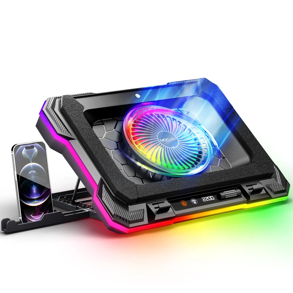Poduszka chłodząca do laptopa, wydajny wentylator turbo RGB, notebook, wentylator chłodzący, stojak chłodzący z 8 regulacją wysokości i stojakiem na telefon, do laptopów o przekątnej ekranu 14