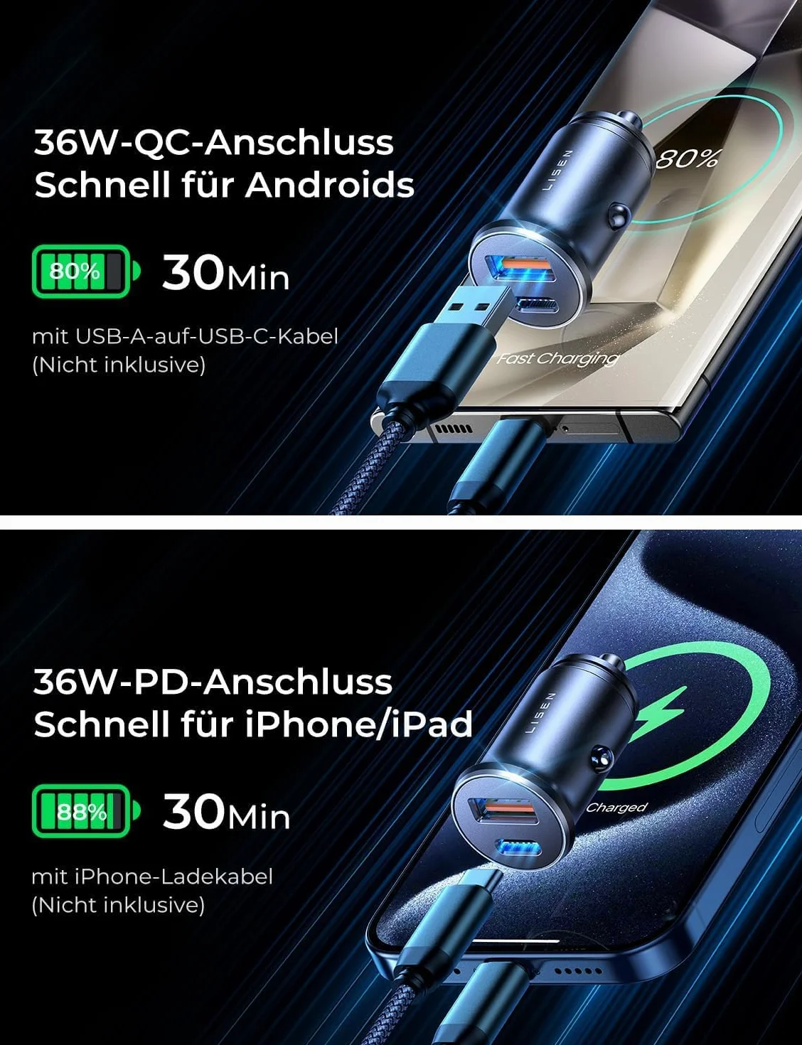 LISEN Ładowarka samochodowa USB C, PD 36W i QC 18 W, szybka ładowarka samochodowa3.0, mini zapalniczka samochodowa USB C, 12 V do iPhone 16 Pro Max 15 14 13 Galaxy S24 23 iPad Tablet Airpods
