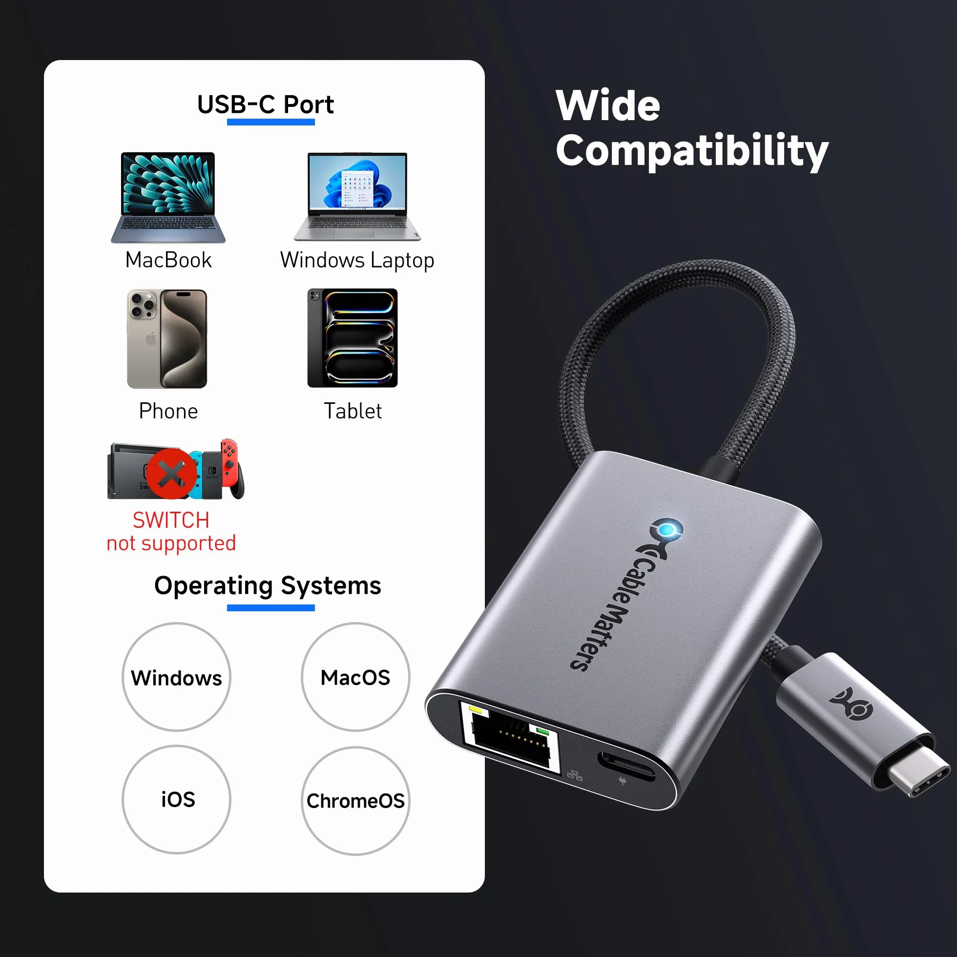 Cable Matters adapter USB-C do Ethernet Gigabit z ładowaniem 140W PD, USB-C na RJ45 LAN, kompatybilny z MacBook Pro, Dell XPS, Surface, Chromecast z Google TV (2020+) do 480Mb/s