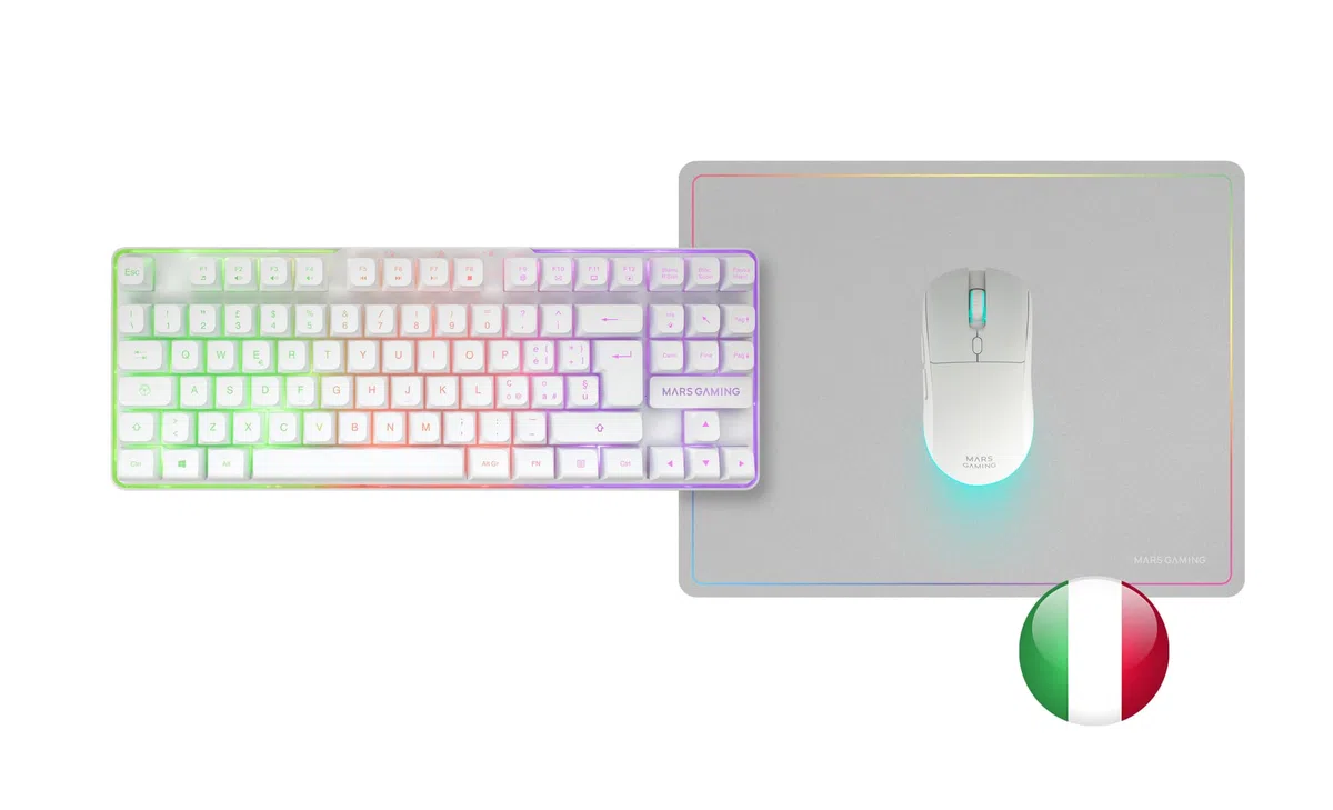 Mars Gaming MCPWTKL, Bezprzewodowy Zestaw Gaming, Technologia DualPro Link 2.4GPRO, Klawiatura TKL FRGB Rainbow + Mysz RGB 3200DPI z Przełącznikami HUANO + Podkładka 360x260mm, Biały, Włoski
