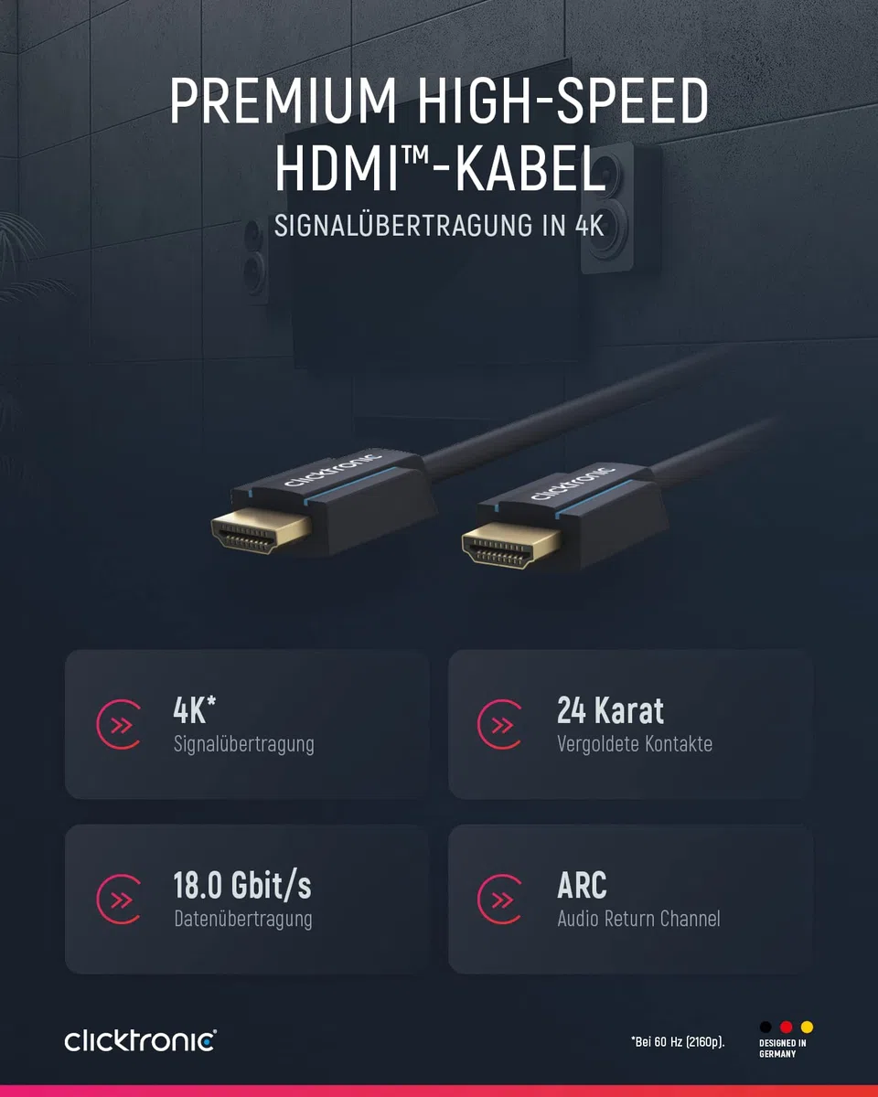 Clicktronic 70308 codzienny kabel HDMI o wysokiej prędkości z Ethernetem, długość 12,5 m