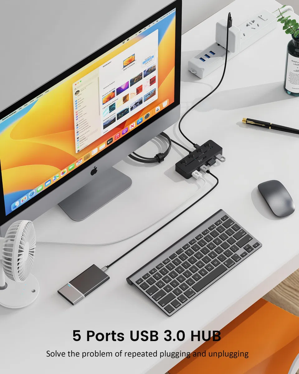Aceele 4-portowy Koncentrator Usb Z Kablem Przedłużającym 120cm/4ft, Koncentrator Danych Usb A 3.0 Z Indywidualnymi Przełącznikami Zasilania Led Do Komputerów Pc, Laptopów, Pamięci Flash
