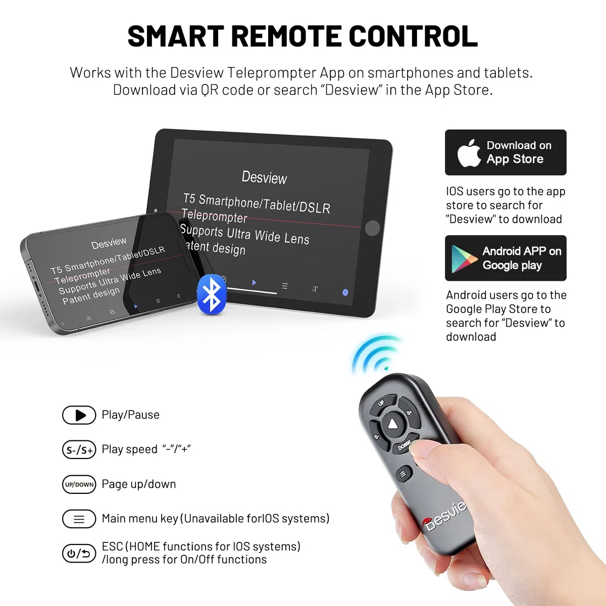Desview T5 Teleprompter do smartfonów, tabletów, kamer DSLR z pilotem zdalnego sterowania Bluetooth i aplikacją, do 11 cali, kompatybilny z iPhone, Android, kamerą, transmisją na żywo, nagrywaniem