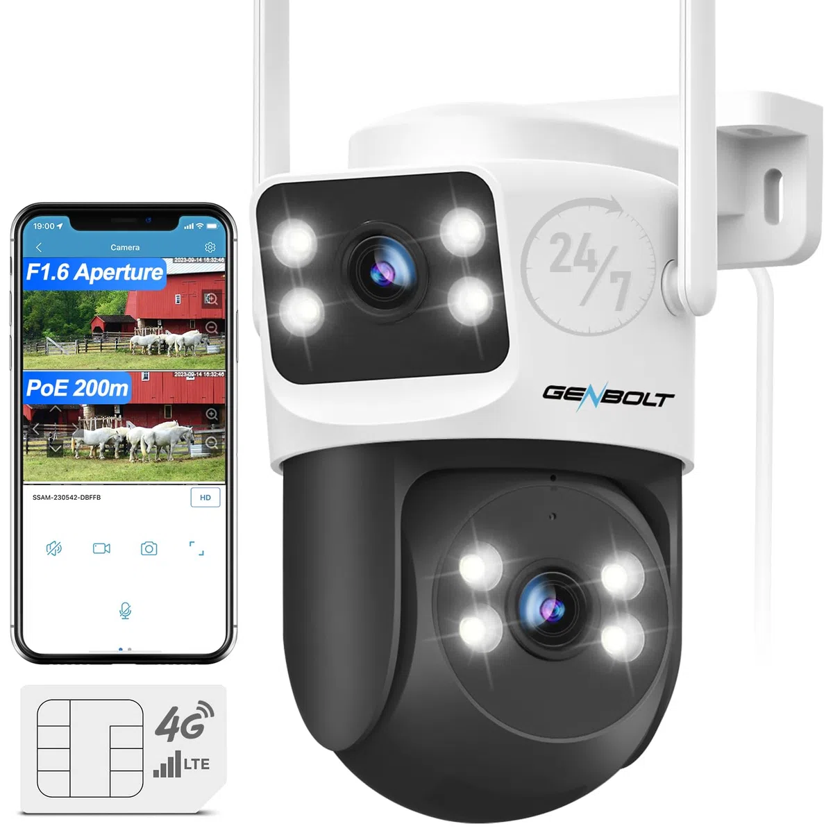 GENBOLT 4G LTE Zewnętrzna Kamera bez WiFi, Dwuobiektywowa Komórkowa Kamera Bezpieczeństwa CCTV z Kartą SIM, Nagrywanie 24/7 IP Kamera Monitorująca PoE ze śledzenie Humanoidów Dwuobiektywowa