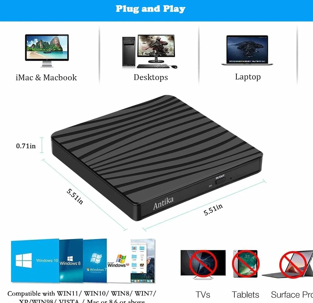 Zewnętrzna Nagrywarka DVD/CD USB 3.0 Przenośny Czytnik Kart Ultra Slim Kompatybilny z Mac/OS/Linux/Windows