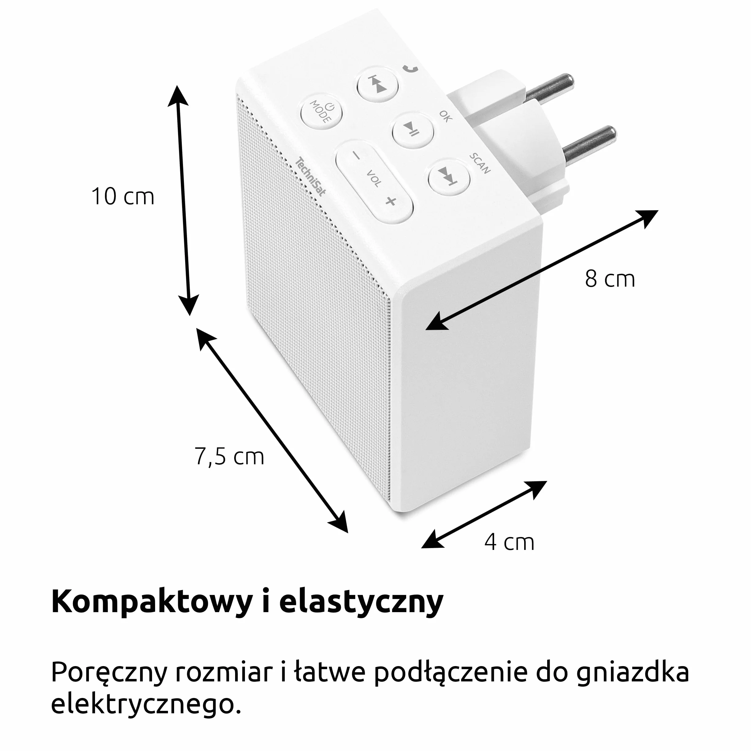TechniSat VIOLA Radio z gniazdkiem, kompaktowe radio FM do gniazdka (Bluetooth, zestaw głośnomówiący, przyciski sterujące, 30 ulubionych, głośnik mono 1,5 W), białe