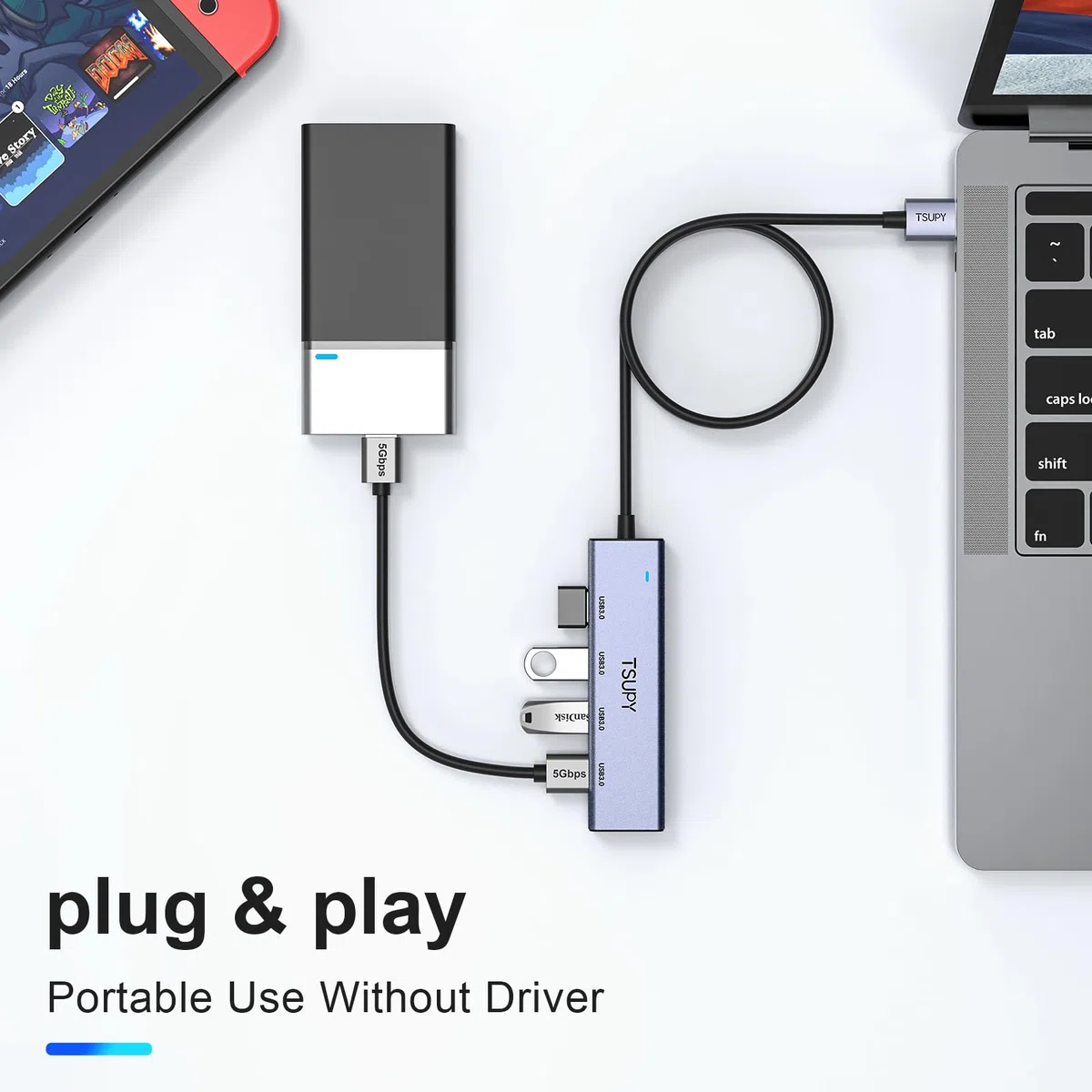 TSUPY Koncentrator USB 3.0 - Aluminiowy Hub Z 4 Portami, Przedłużacz 120 cm, Rozdzielacz 5 Gb/s Do MacBooka, iMaca, Surface Pro, XPS, Notebooka, Pamięci i Więcej
