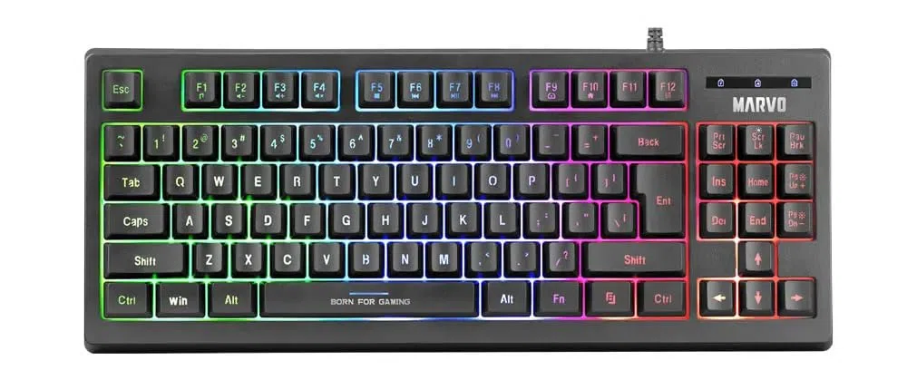 Marvo K607 przewodowa 87 klawiszy, 3-kolorowe podświetlenie LED, pełna ochrona przed duchem, kompaktowa konstrukcja TKL układ membranowa klawiatura do gier, czarna