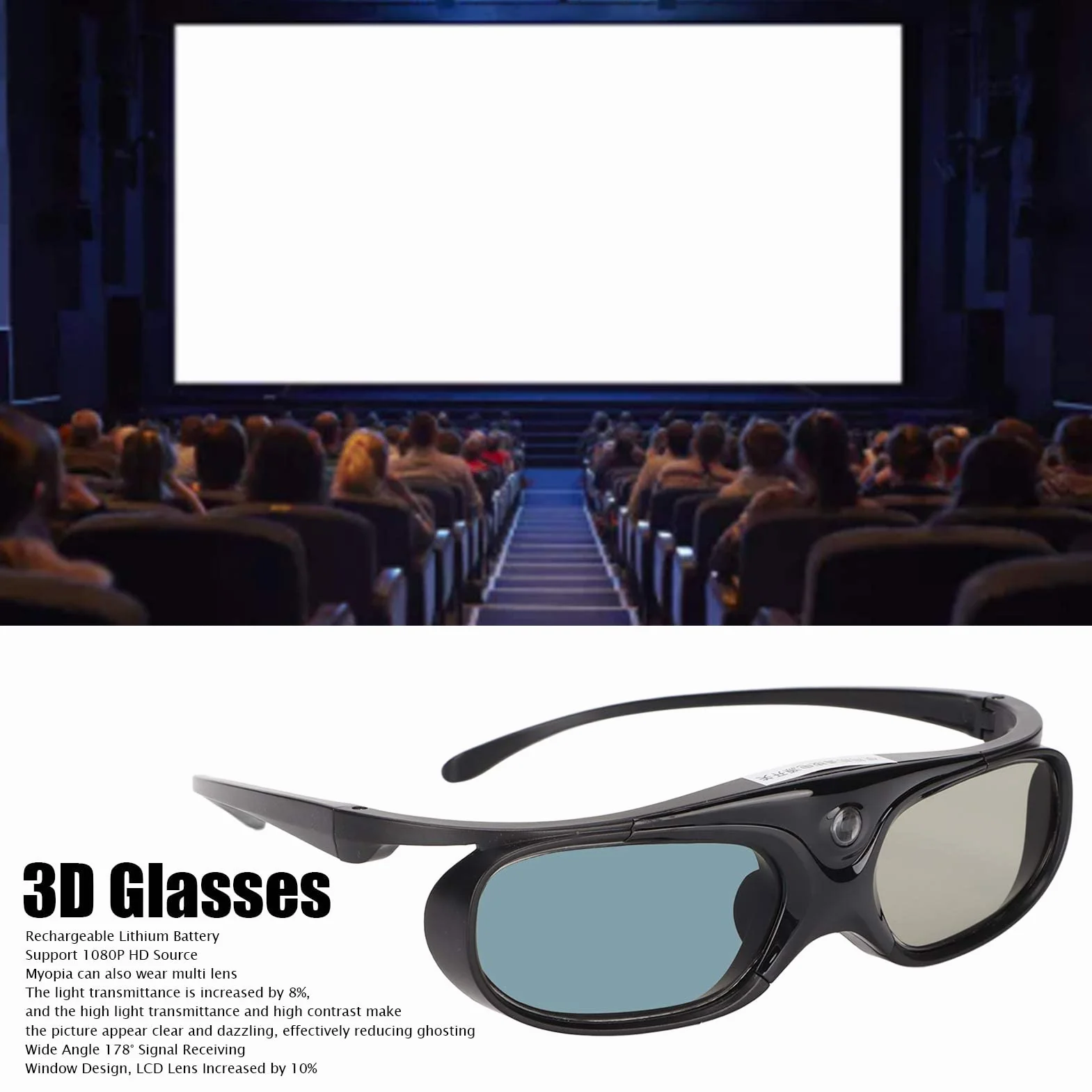 T opiky DLP okulary 3D, 1080p, 144 Hz, możliwość ponownego ładowania, DLP-Link 3D, z szerokim kątem widzenia 178°, okulary 3D z migawką 3D (czarne)