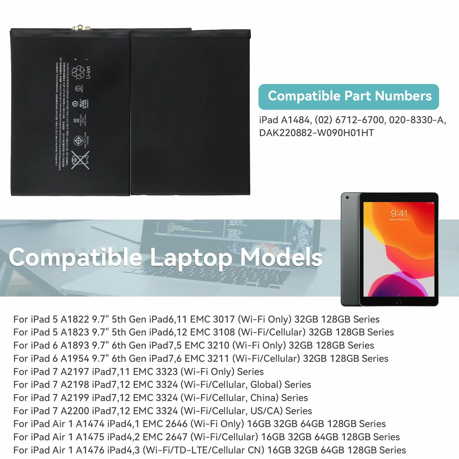 K KYUER A1484 Tablet Bateria Compatible with iPad 5 6 7 A1822 A1823 A1893 A1954 A2197 A2200 A2198 A2199 Air A1474 A1475 A1476 MD785LL/A MD786LL/A MD787LL/A MF539LL/A MF534LL/A MF532LL/A MR7G2LL/A