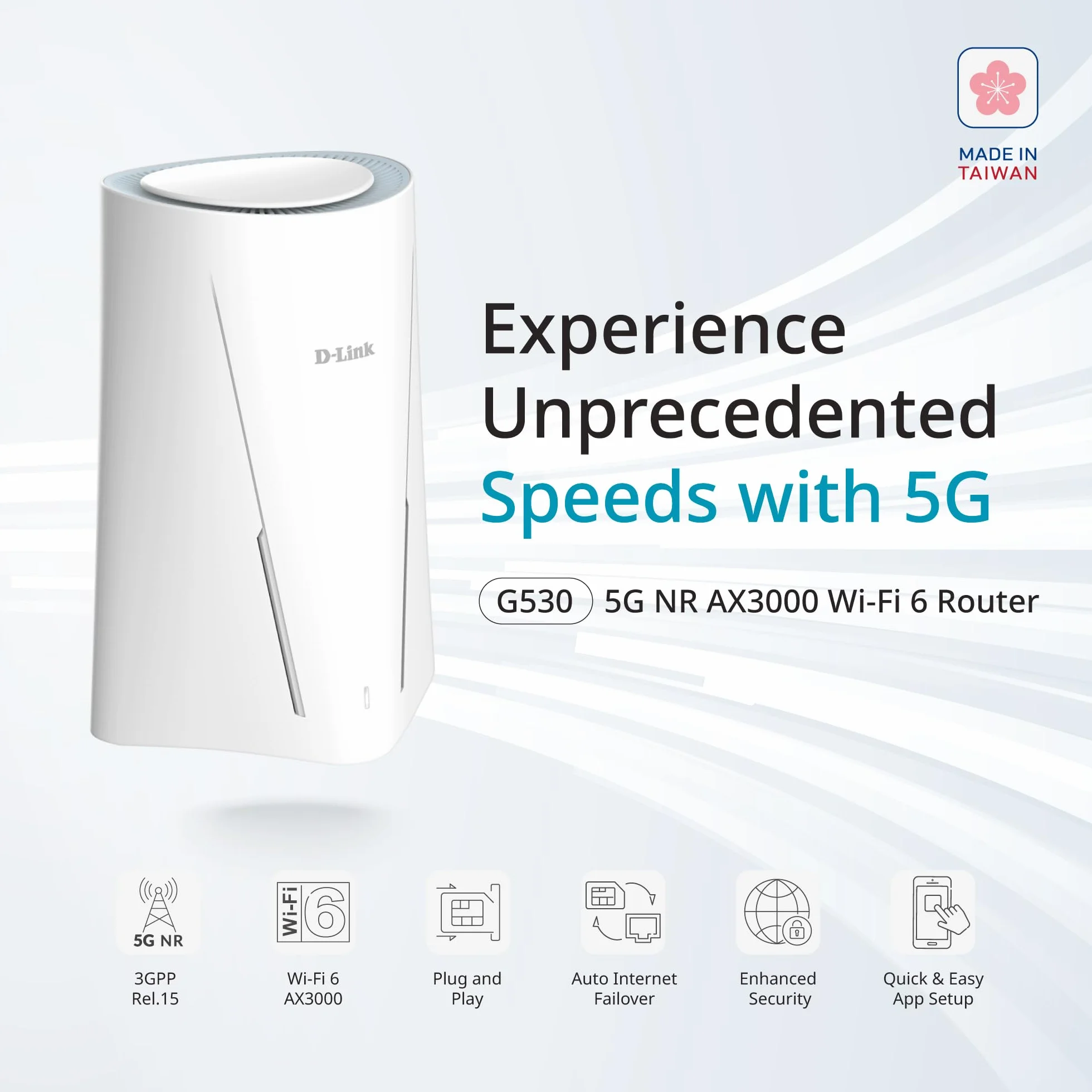 D-Link G530 6 5G NR AX3000 Wi-Fi Router z prędkością 5G do 2,6 Gb/s, Wi-Fi 6, porty WAN i Gigabit LAN, przełączanie WAN, WPA3, VPN, VLAN, odblokowany dla wszystkich sieci/operatorów.