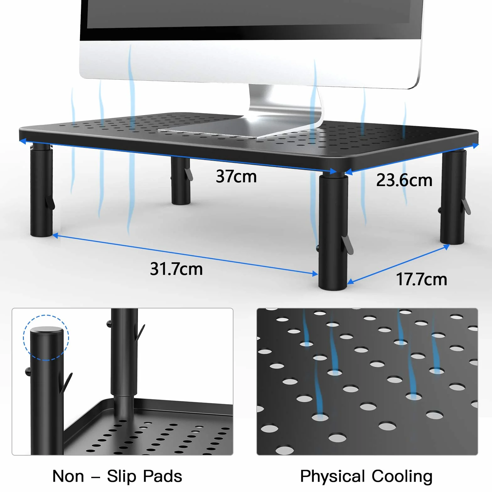 HUANUO Uchwyt na monitor – ergonomiczny i regulowany uchwyt na laptopa w 3 wysokościach z siatkową platformą do laptopa, komputera, iMaca, PC, drukarka do 20 kg