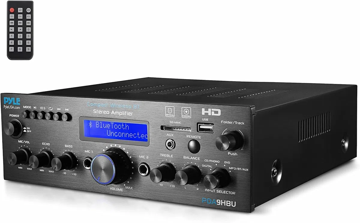 Pyle Wireless Bluetooth Home Stereo Amplifier - Multi-Channel 200 Watt Power Amplifier Home Audio Receiver System w/HDMI, Optical/Phono/Coaxial, FM Radio, USB/SD, AUX, RCA, Mic In - Remote - PDA9HBU
