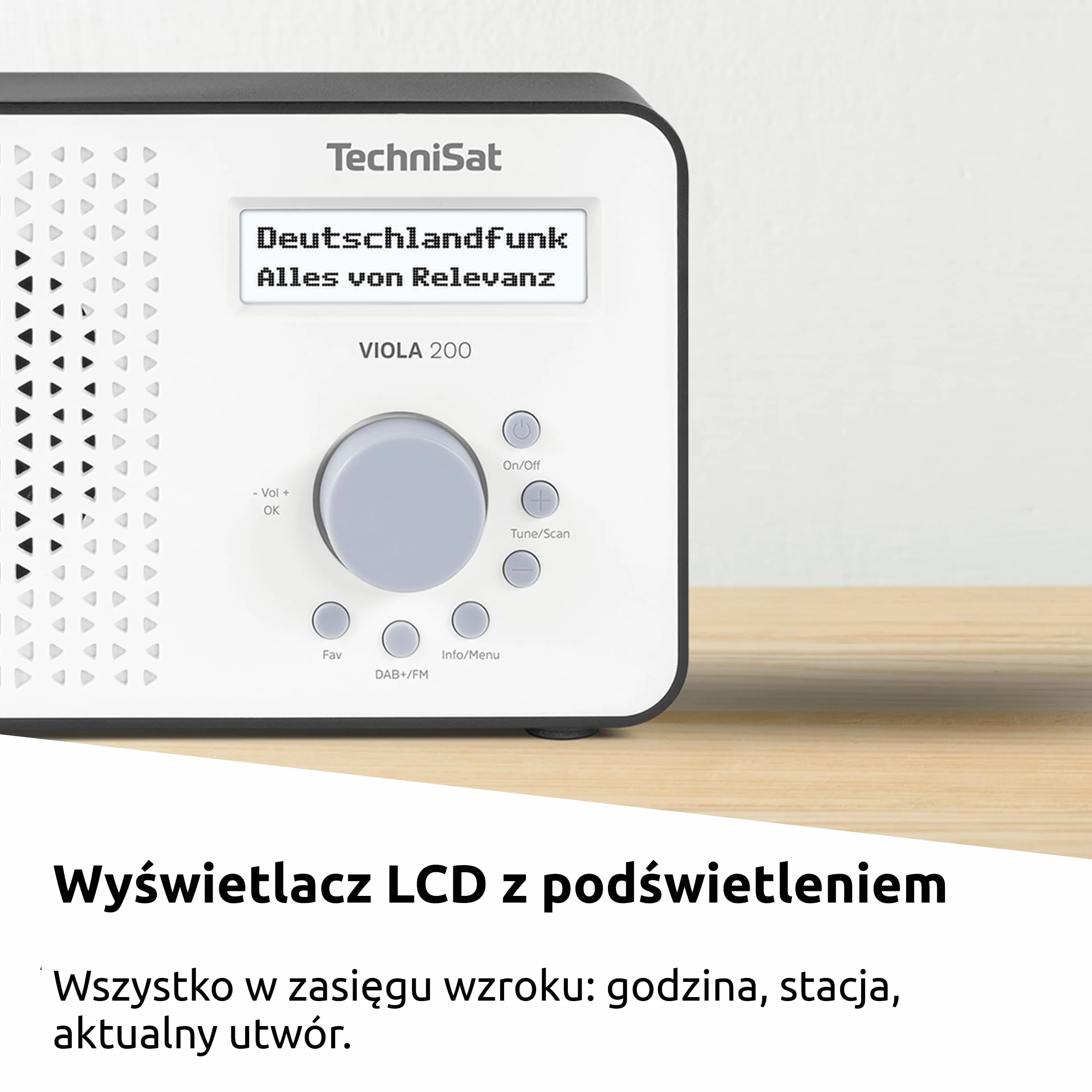TechniSat VIOLA 200 – przenośne radio DAB+/FM (LCD, antena teleskopowa, pamięć ulubionych, wyjście słuchawkowe, zasilanie sieć/baterie, głośnik mono, RDS, PLL) biało-czarne
